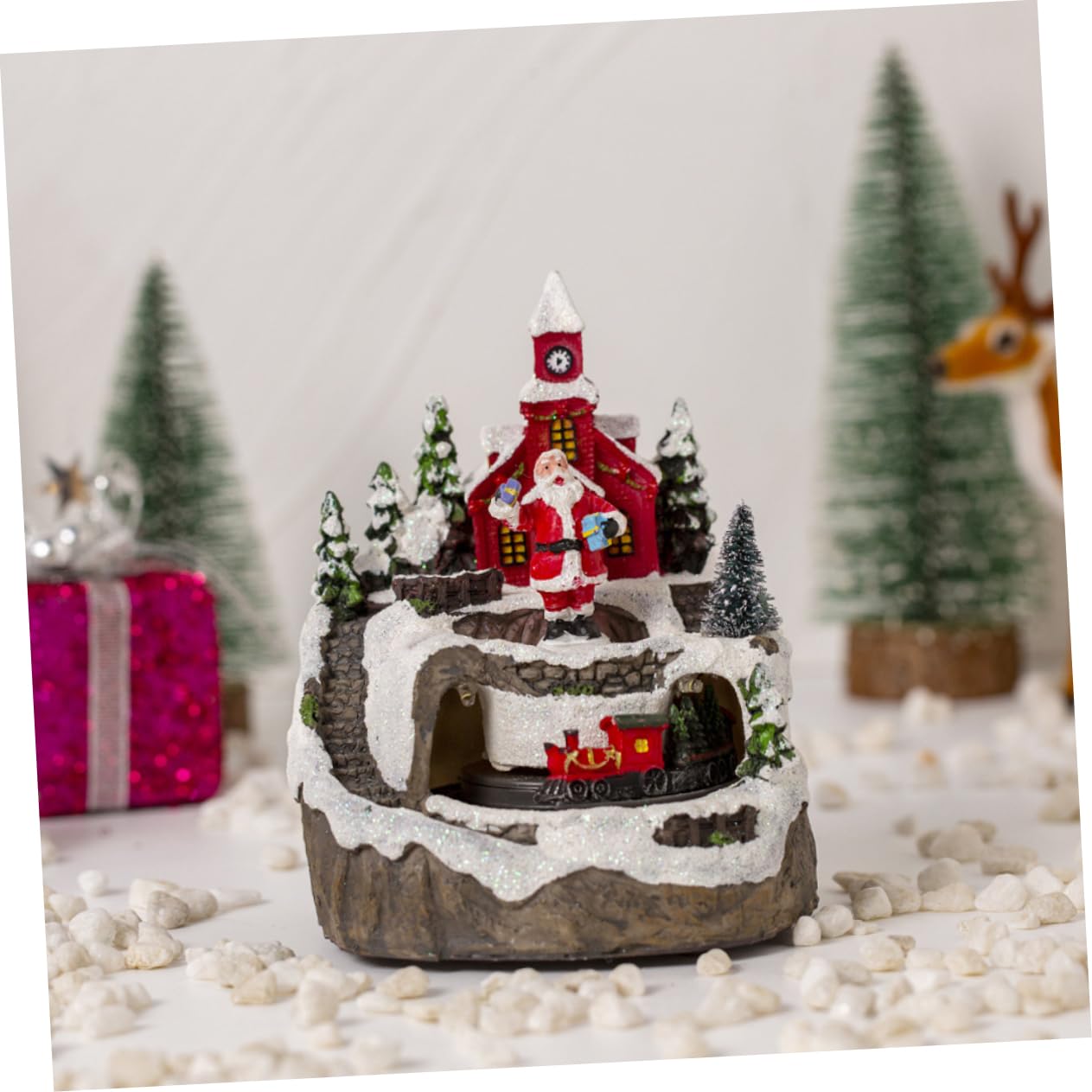 Cabilock 3 Piezas de Musica navideña estatuilla de la de Navidad Mini Pueblo navideño Tren de Navidad estatuilla de la iluminada en Miniatura iluminada de Navidad Resina