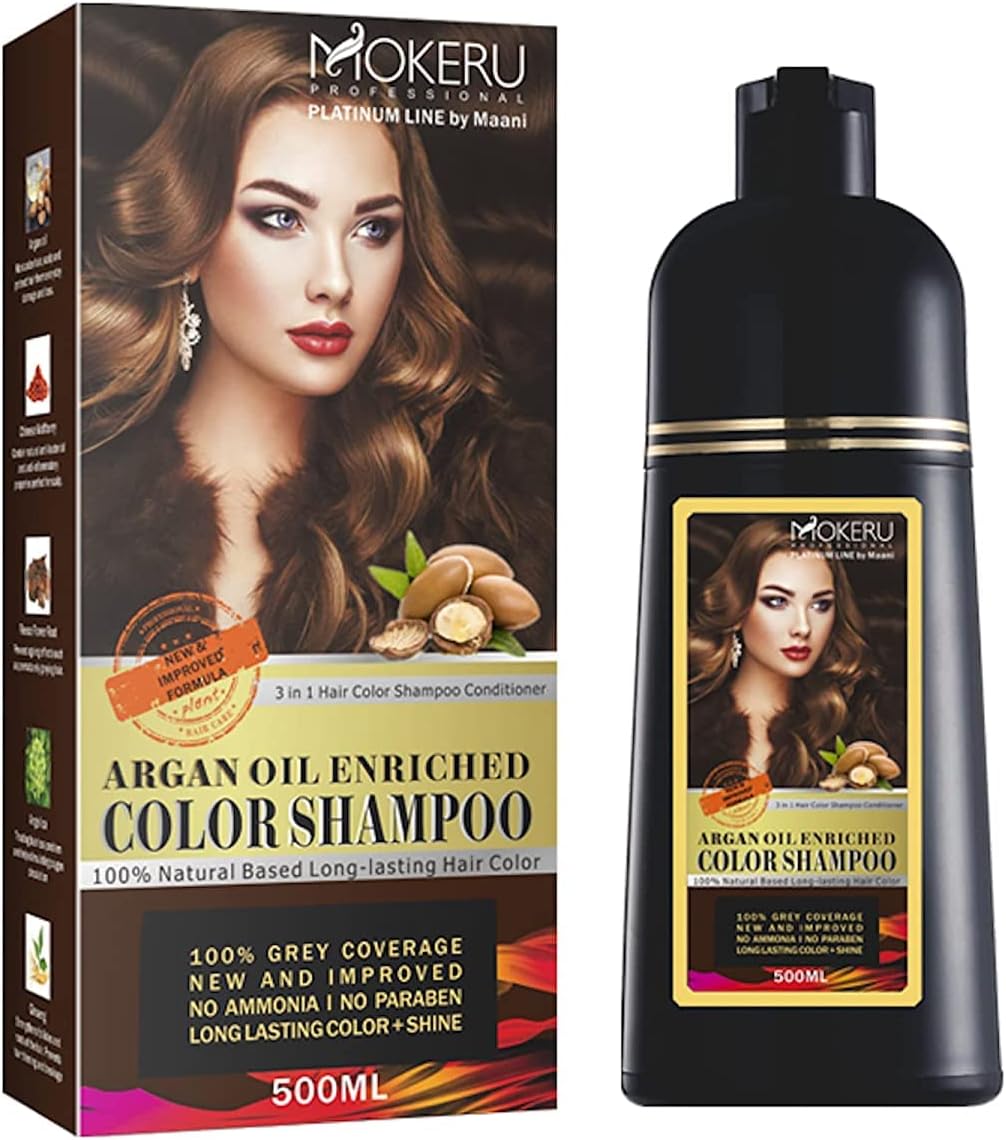 Maani Mokeru Instant Fast Acting Long Lasting Signature Bundle, Argan Oil Hair Dye Colour Shampoo (Light Brown, 500ml)