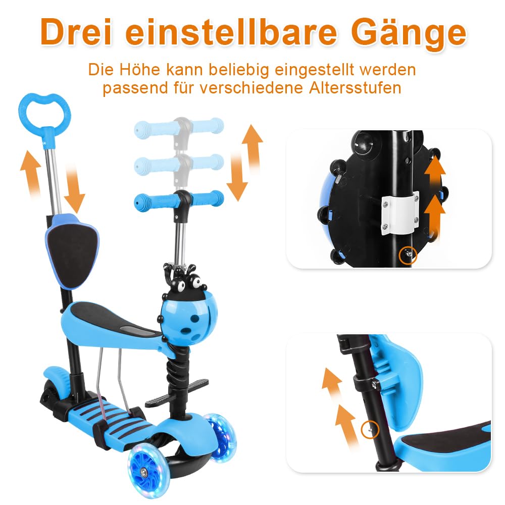 Scooter Pliable pour Enfants, Scooter à Trois Roues avec Roues Clignotantes, Trottinette véhicule d'équilibrage, hauteurs réglables 57-64-71cm