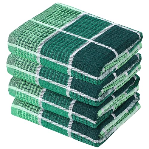Fucibt Bright Large Kitchen Towels, 4-Pack, 16 Inch x 26 Inch Buffalo Check Dish Towels for Washing Drying Dishes, Colorful Waffle Design Tea Towel Bar Towel (Green)