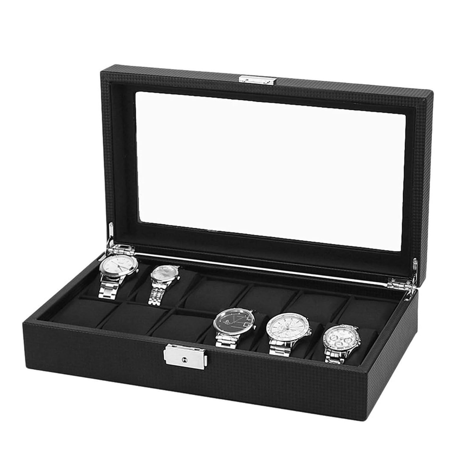 Organiseur de Montres Boîte de Rangement de Montre à 12 grilles, présentoir de Rangement de Montre avec Couvercle en Verre, vitrine de Montre-Bracelet Écrin de Montres