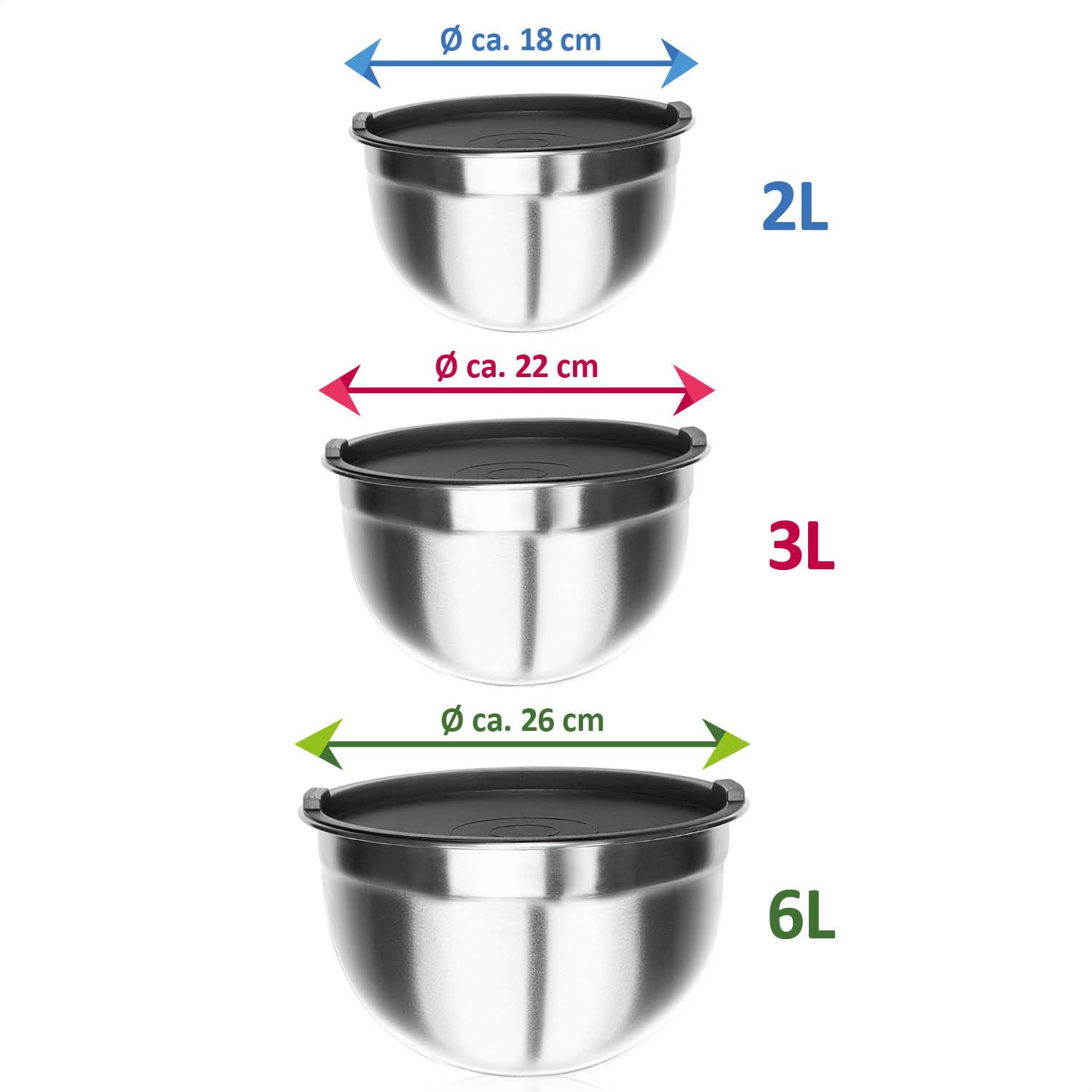 3x bol mélangeur en acier inoxydable avec couvercle - saladier en 3 tailles - bol en métal multifonctionnel - bol de service pour la nourriture (3 pièces - grand)