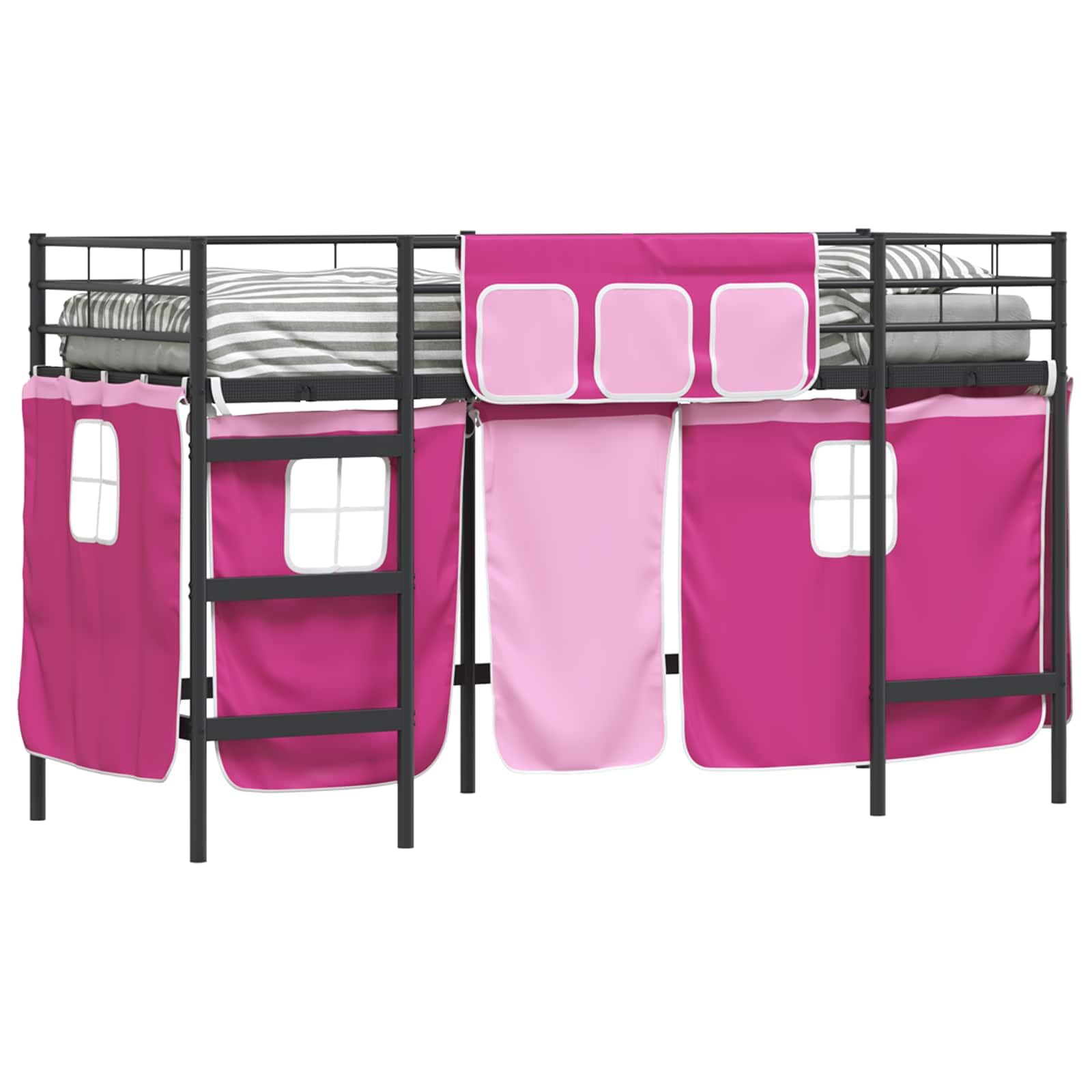 Letto a castello per bambini con tende, nero e rosa, 100 x 190 cm | Struttura in metallo robusta, testiera montata a parete, tende in rete, finitura a polvere durevole