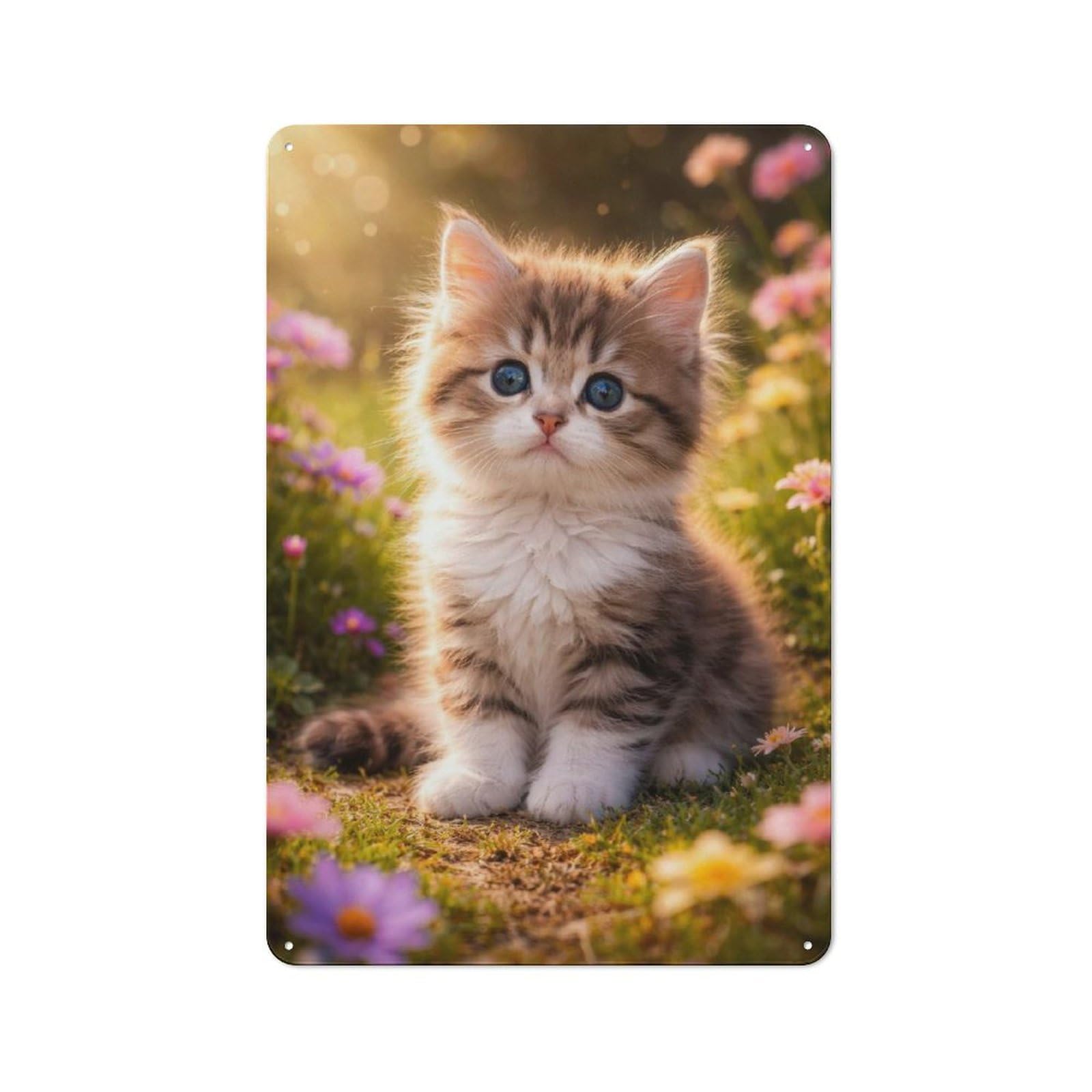 Junmoney Style-22 Cute Kitten In A Field Of Flowers Clean Industrial Metal Wall Decor 30X20cm, Decorative Metal Plaque For Workspace, Cafe, Hallway Or Garage