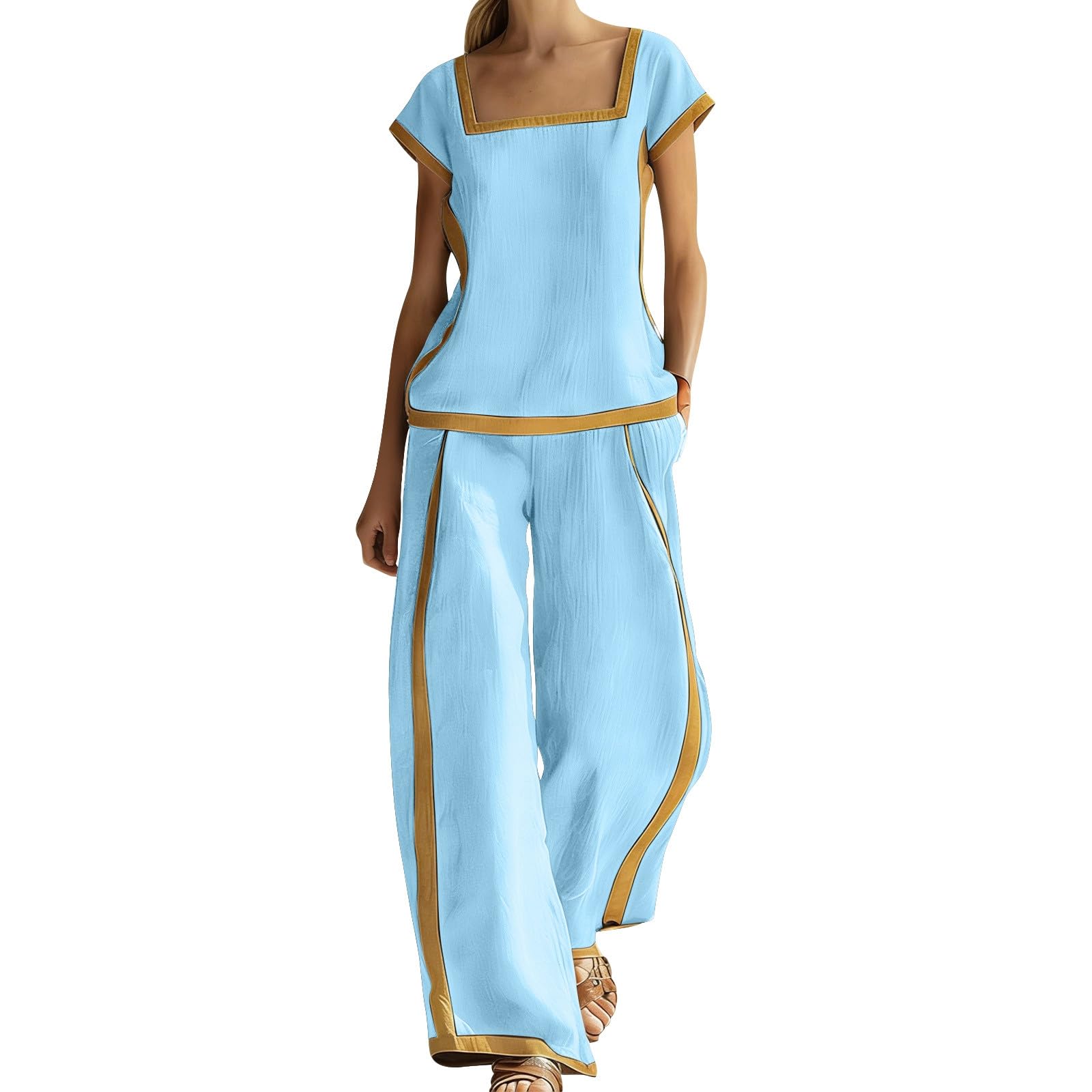 Conjunto Mujer 2 Piezas Blusa de Manga Corta con Cuello Cuadrado + Pantalones Largos Anchos con Borde de Color Casual Transpirable Traje de Verano para Oficina