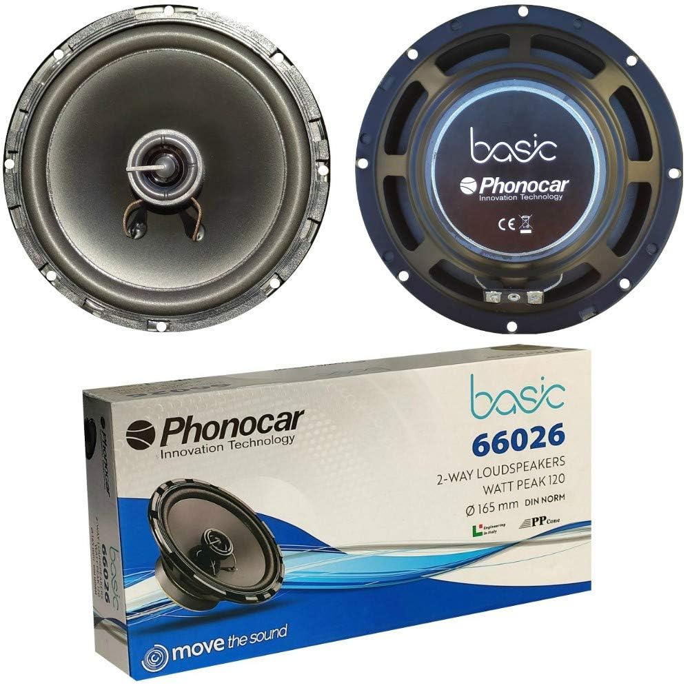 2 ALTOPARLANTI PHONOCAR BASIC 66026 coassiali 2 vie da 16,50 cm 165 mm 6,5" di diametro da 30 watt rms e 60 watt max 4 ohm 90 db spl auto, a coppia