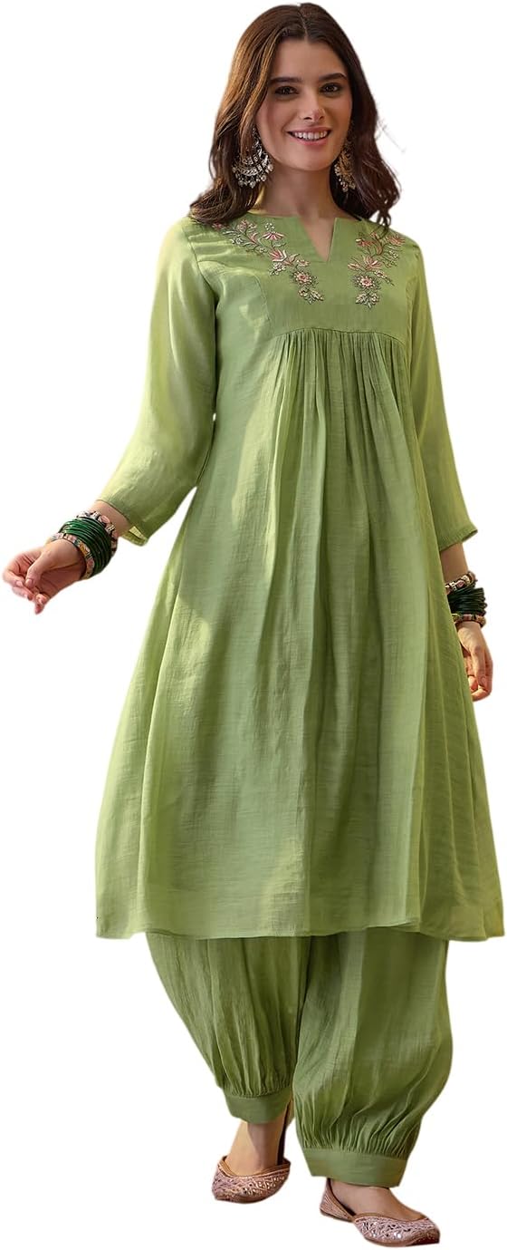 Pista Green Cotton Blend Sequin Thread Embroidered Kurta with Afghan Pant Set|Ethnic Wear (TPHSKP1795_RPP_S)