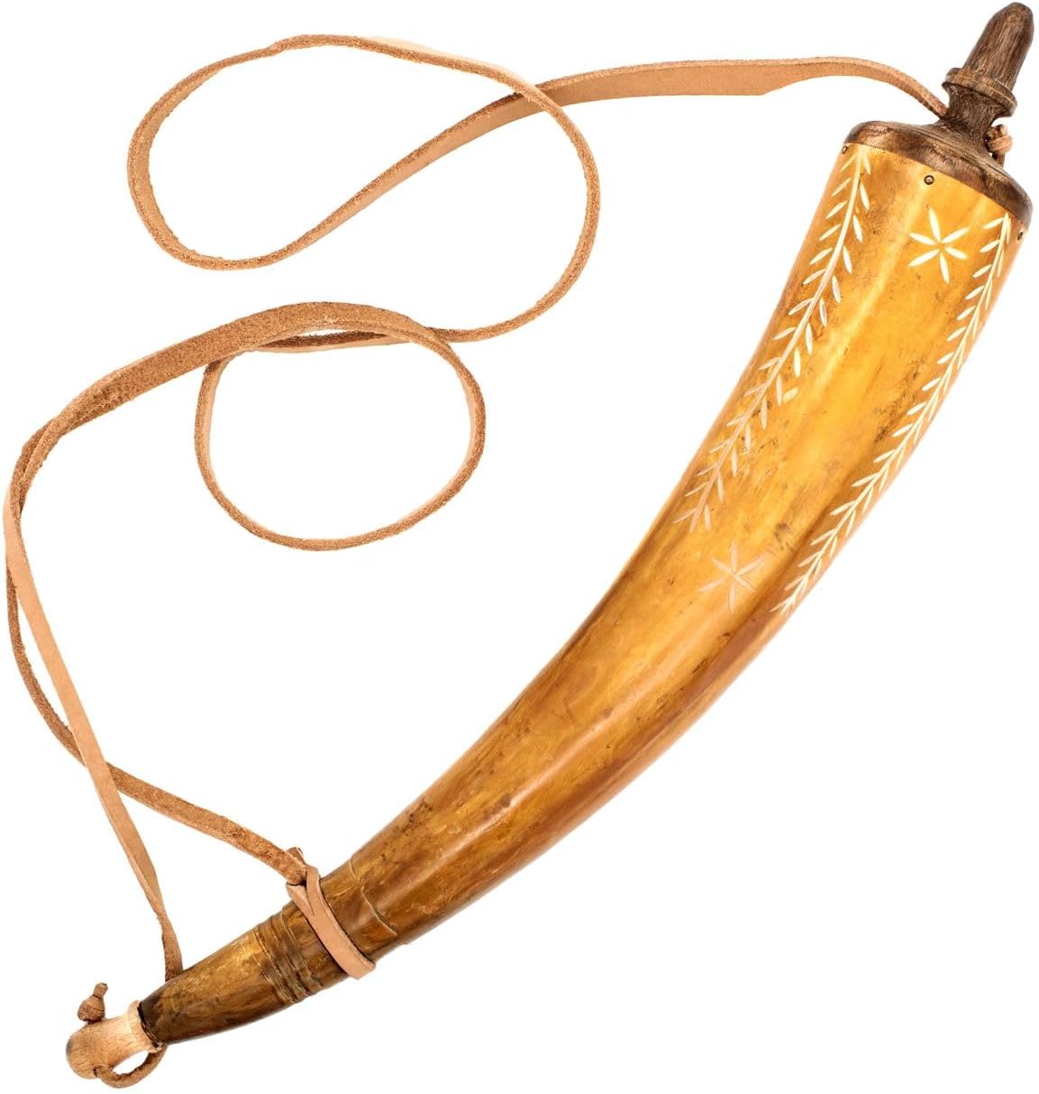Mythrojan Hand Carved Powder Horn with Leather Strap for Civil War Black Powder Mountain Man Reenactment Accessory