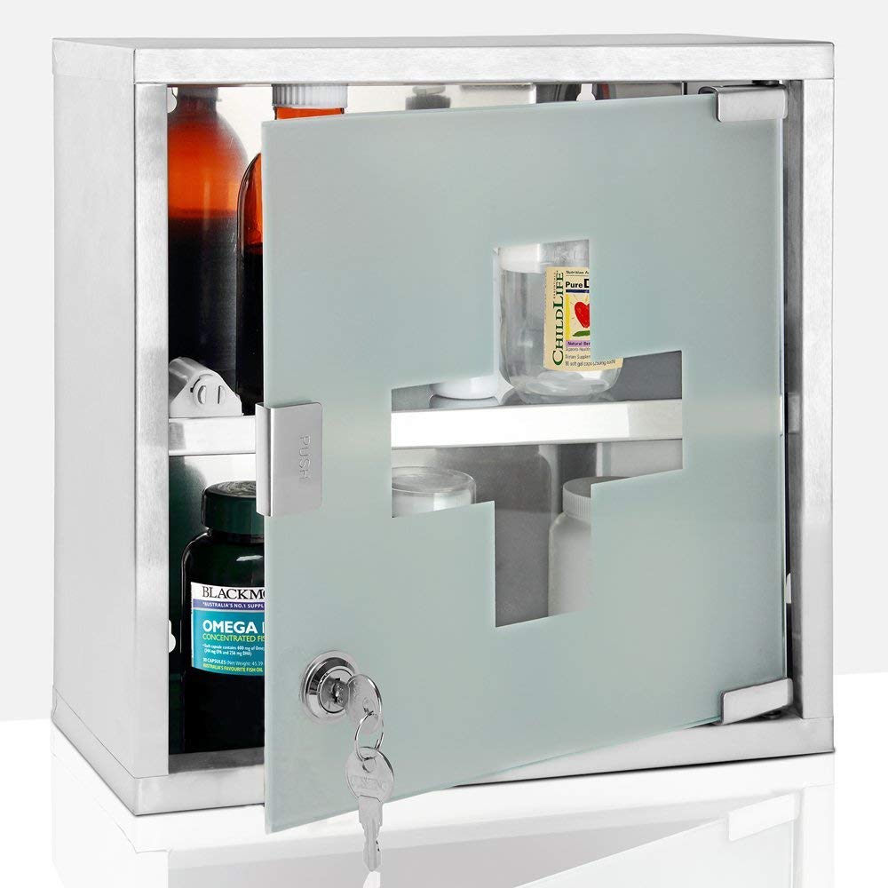 BAKAJI Armoire Porte-médicaments Armoire de Premiers Secours en Acier Inoxydable et Verre satiné Couleur Argent (30 x 30 cm)