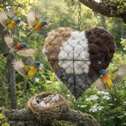 BomKra Handmade Alpaca Fiber Bird Nesting Heart, Refillable Birds Haven