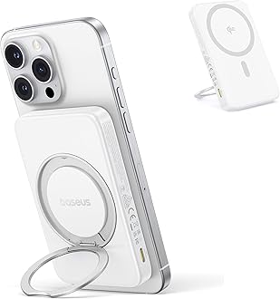 Baseus Qi2 MagSafe Power Bank, Ultra-Slim PicoGo 15W Ultra-Fast Wireless Portable Charger with 360° Rotatable Ring Stand, 5000mAh Magnetic Battery Pack for iPhone 16/15/14/13/12 Series (White)