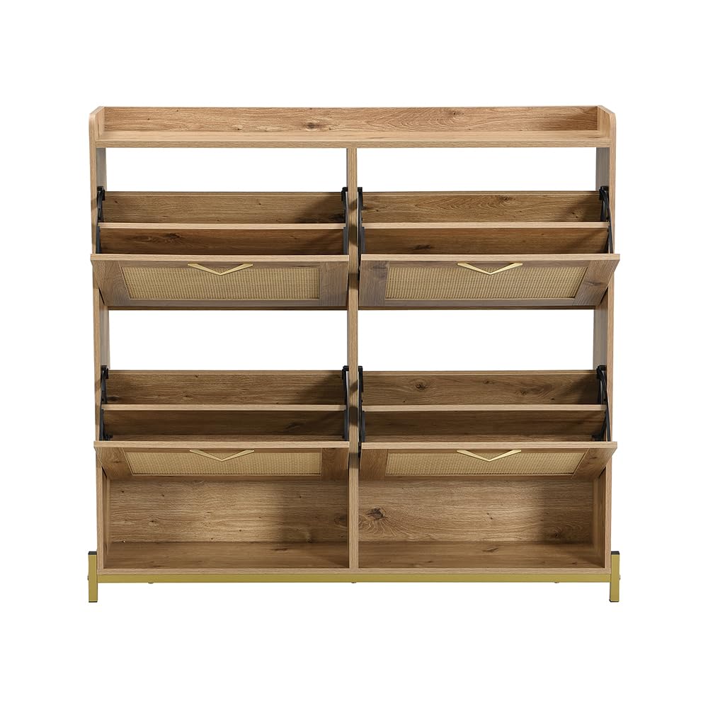Elégant Meuble à Chaussures en Bois à 4 Portes coulissantes en rotin, Meuble de Rangement pour la Maison avec Cadre en métal et étagère supérieure (108.5 L x 24 B x 100 H)