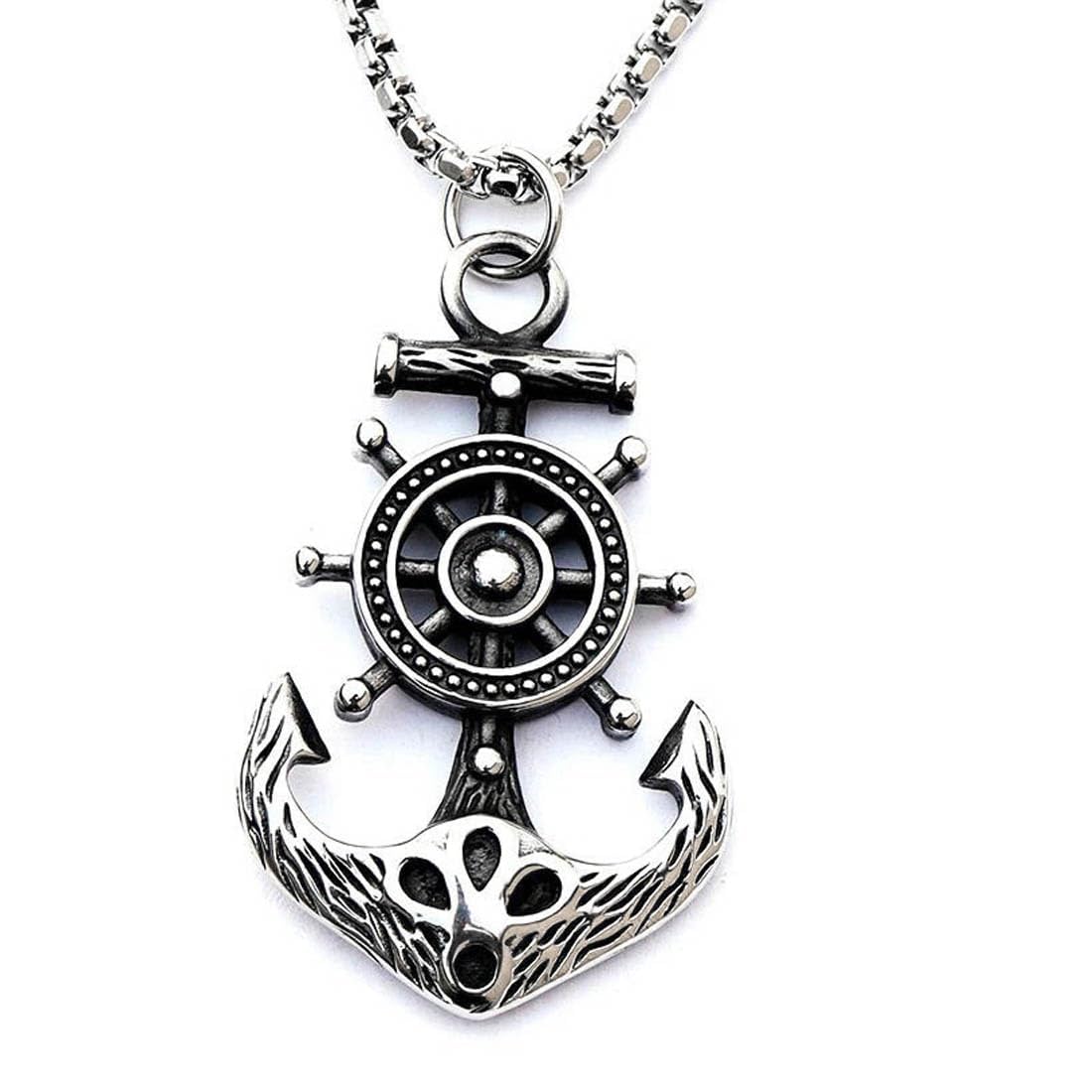 Metal Silver Biker Ship Captain Wheel Rudder With Pirate Anchor Nautical Charm With Box Chain Pendant Necklace Chain Gift For Men Boys-image-30