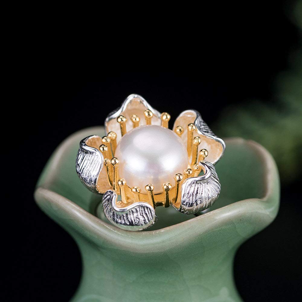 HGJH Anelli d'Argento,S925 Sterling Silver Fiore Stami Anello di Perle Anelli Regolabili Etnico retrò Anello Aperto Argento Eternity Ring Fascino di Nozze Gioielli Regali per Ragazze Signore