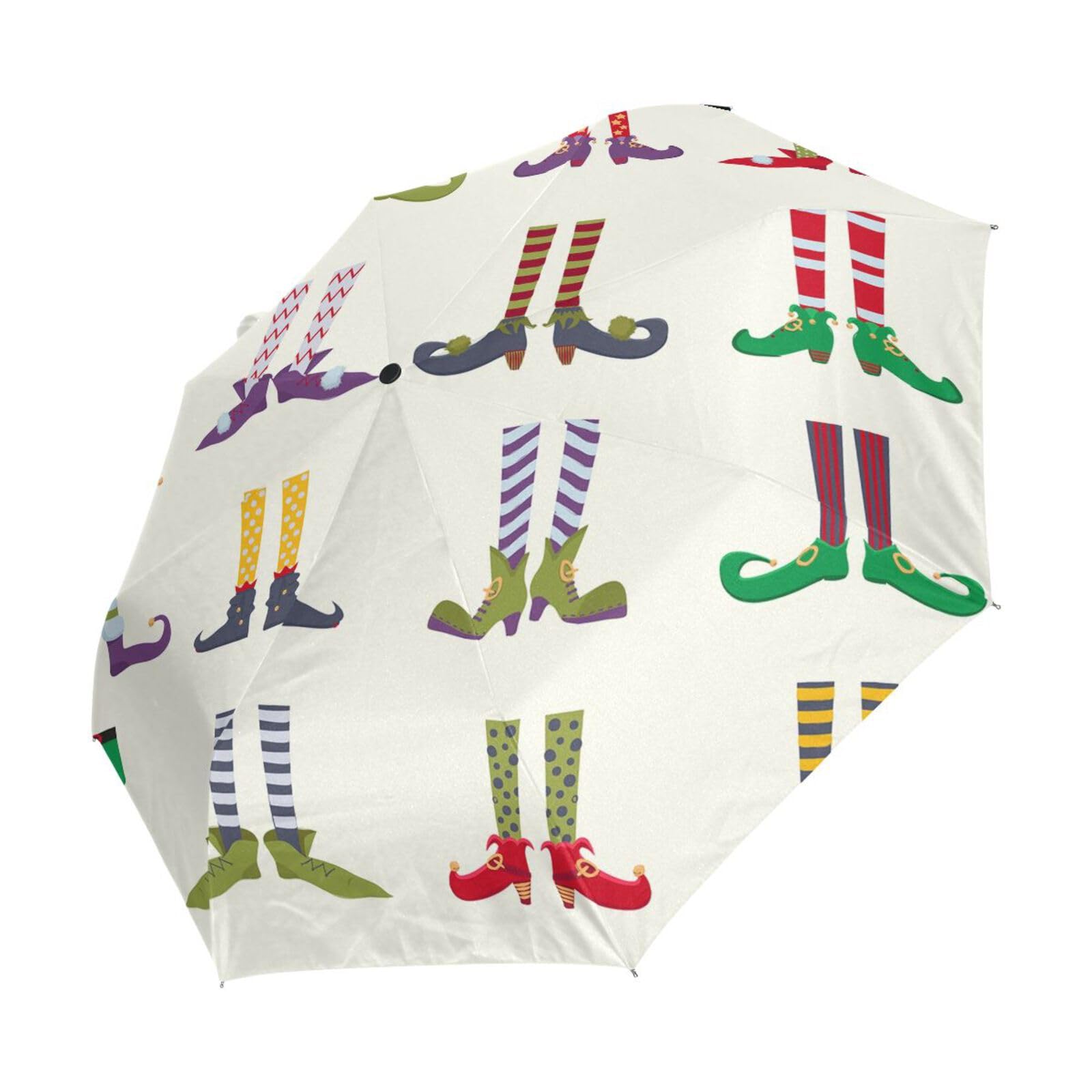 Auto Open/Close Folding Umbrella, Portable Strong Lightweight Travel Rain Umbrella Automatic Compact Sun Parasol with UV Protection Print Colorful Leprechaun Elf Shoes Striped Stockings Seamless