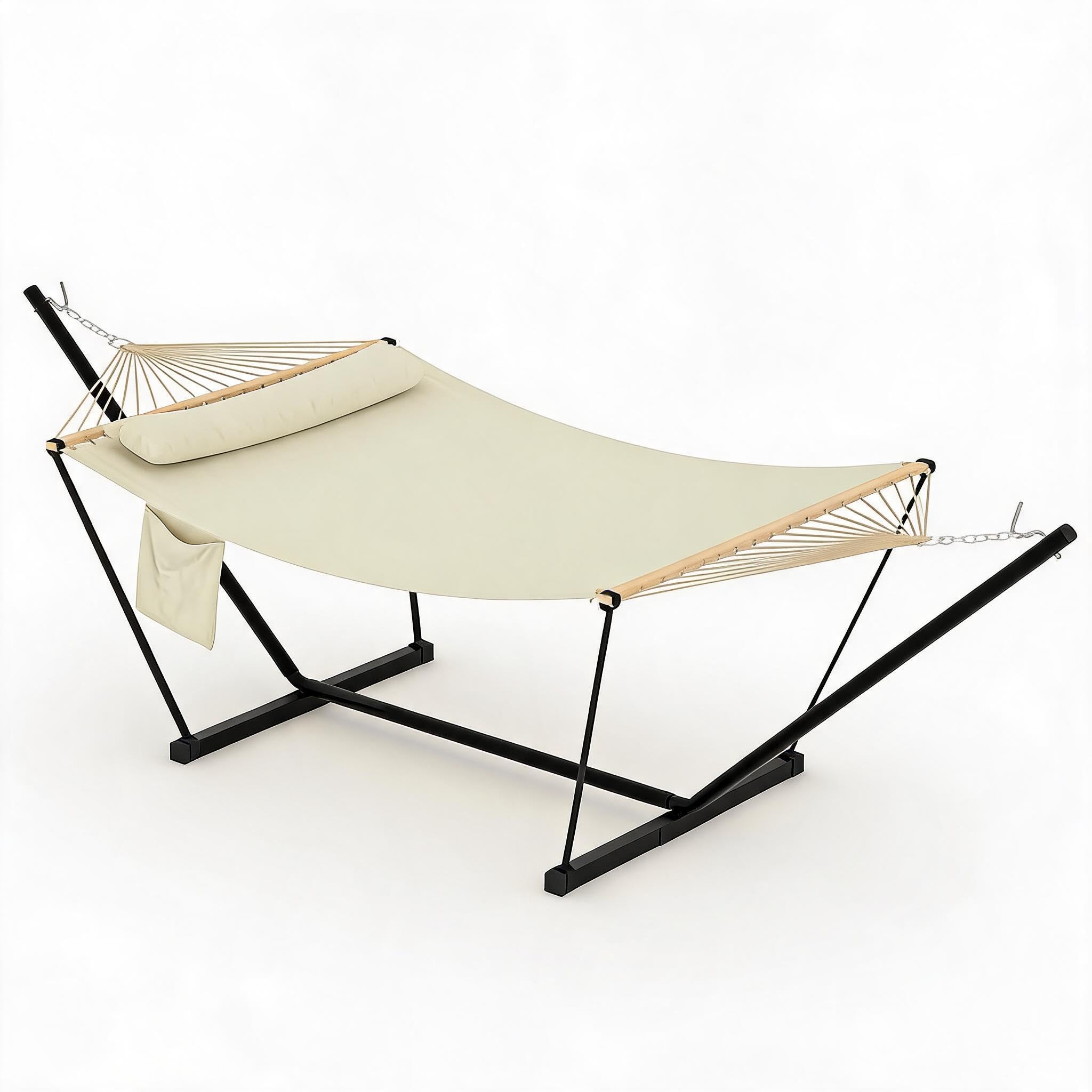 Koioplie Heavy Duty Double Hammock with Adjustable Steel Stand – Large 12FT Outdoor Swing Bed for 2, Wooden Spreader Bar, Detachable Pillow, 450lbs Capacity – Perfect for Patio, Garden, Backyard,