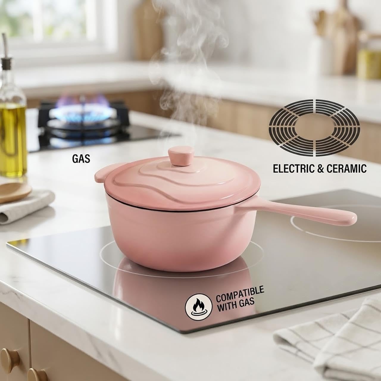 Cacerola For Leche Hierro Fundido Esmaltado De 18 Cm, Cacerola Pequeña De 1,5 L Con Un Solo Mango For Leche, Sopa, Fideos Y Gachas, Compatible Con Cocinas Inducción Y Gas, Rosa