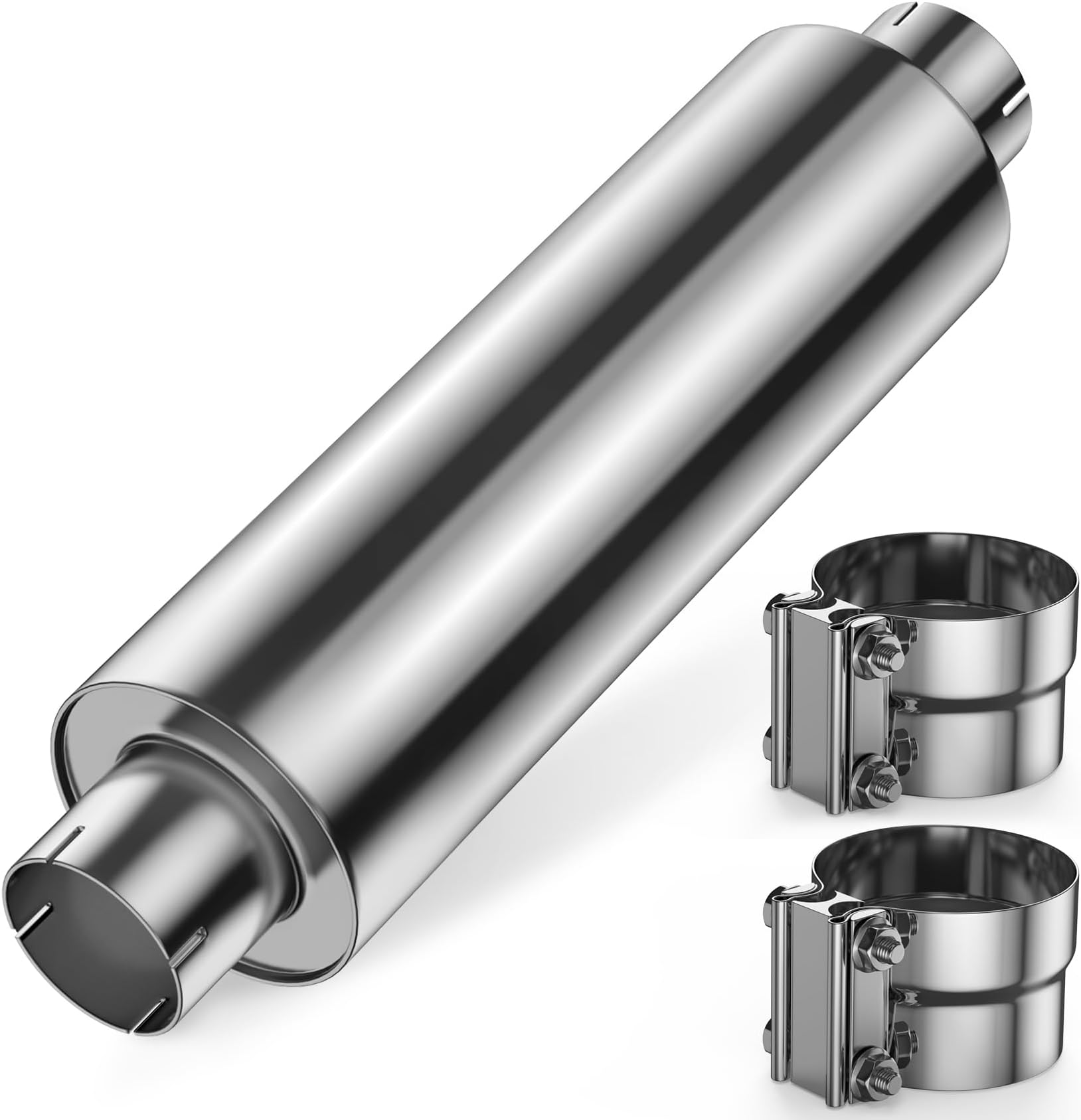 4 Inch Inlet Diesel Muffler Exhaust with Clamp- 7" x 24" Body - 30" OAL - Straight Through - Stainless Steel - Welded On Resonator, Polished - TIG Welding