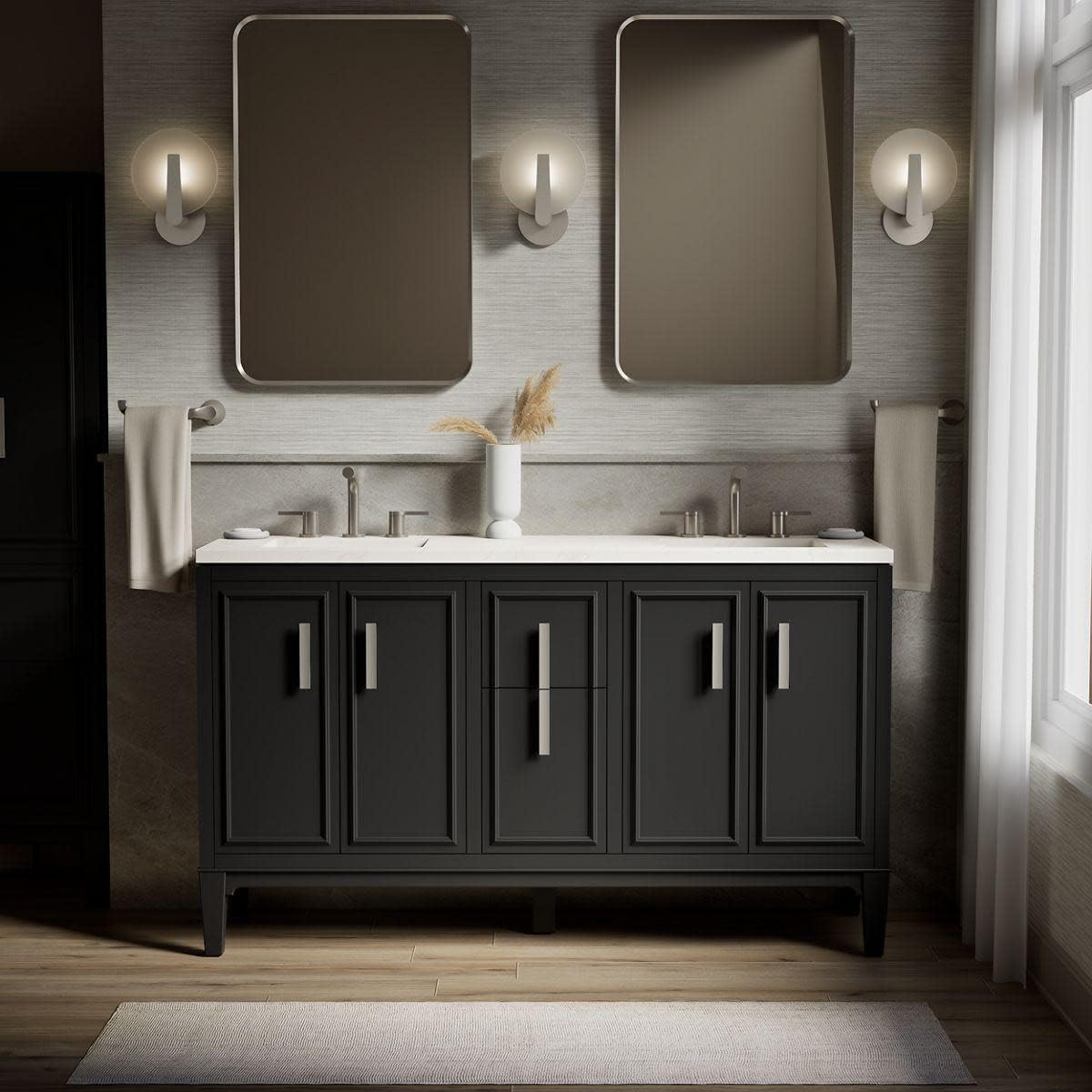 Kohler Southerk 60 Inch Bathroom Vanity Cabinet with White Double Sinks and Quartz Top, Modern Bathroom Vanity, Slate Gray, K-33547-ASB-1WX