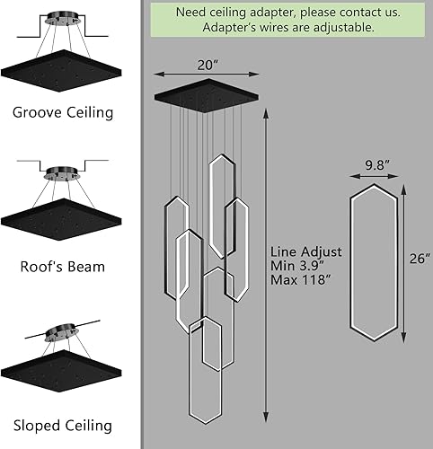 Miniatura 3 de Candelabro de 6 anillos moderno, luz LED contemporánea negra para entrada de sala de estar, lámparas de techo alto regulables con control remoto