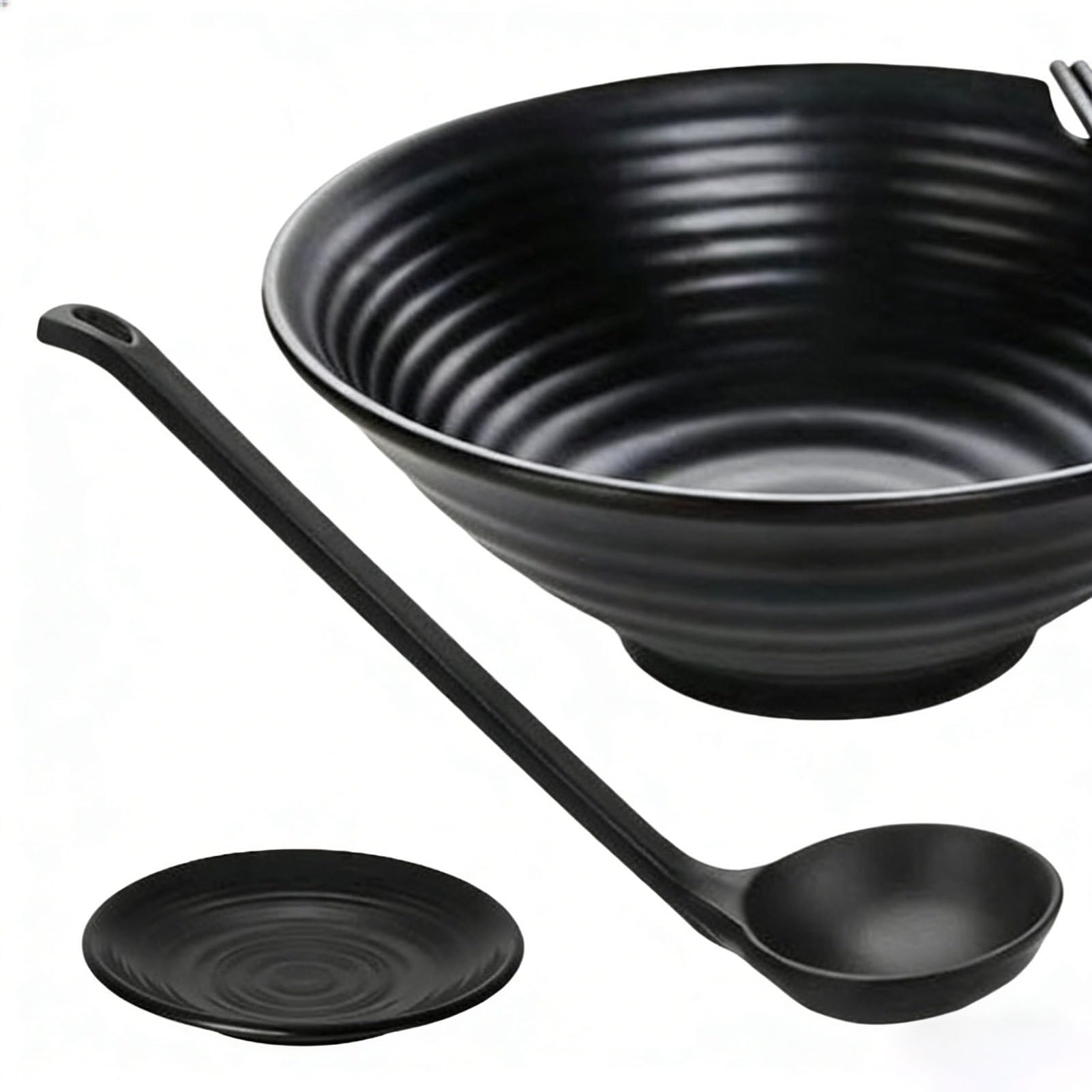 Bol pour Soupe Noir Mat avec Baguettes et Cuillères | Bol Japonais pour Nouilles avec Soucoupes pour Nourriture Asiatique, Wonton, Salade, Pâtes, Petit Déjeuner, Déjeuner, Dîner,