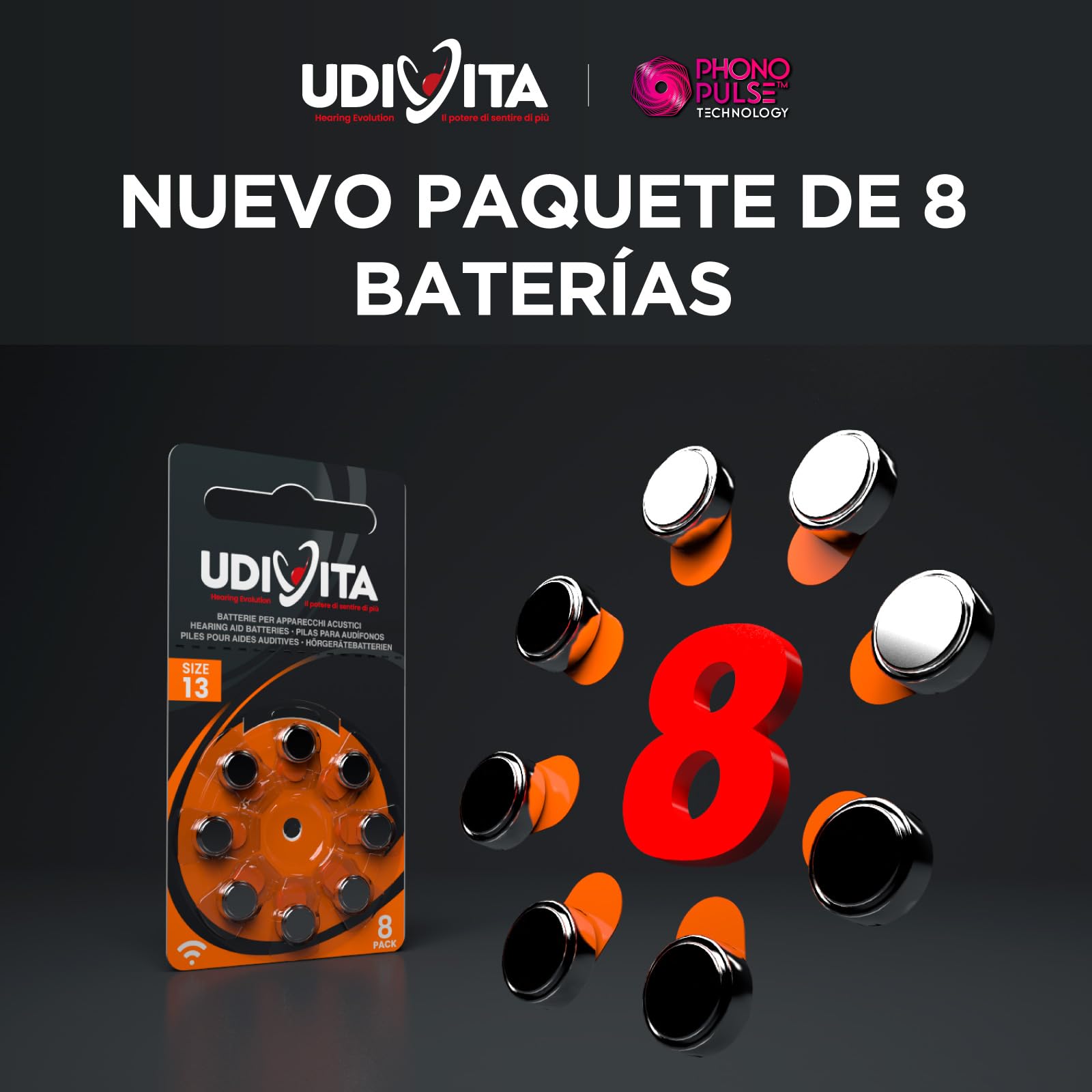 80 Pilas para Audífonos Tamaño 13 Udivita PR48 (Naranja) Zinc-Aire con Tecnología Phono Pulse - 10 Blísteres de 8 Pilas