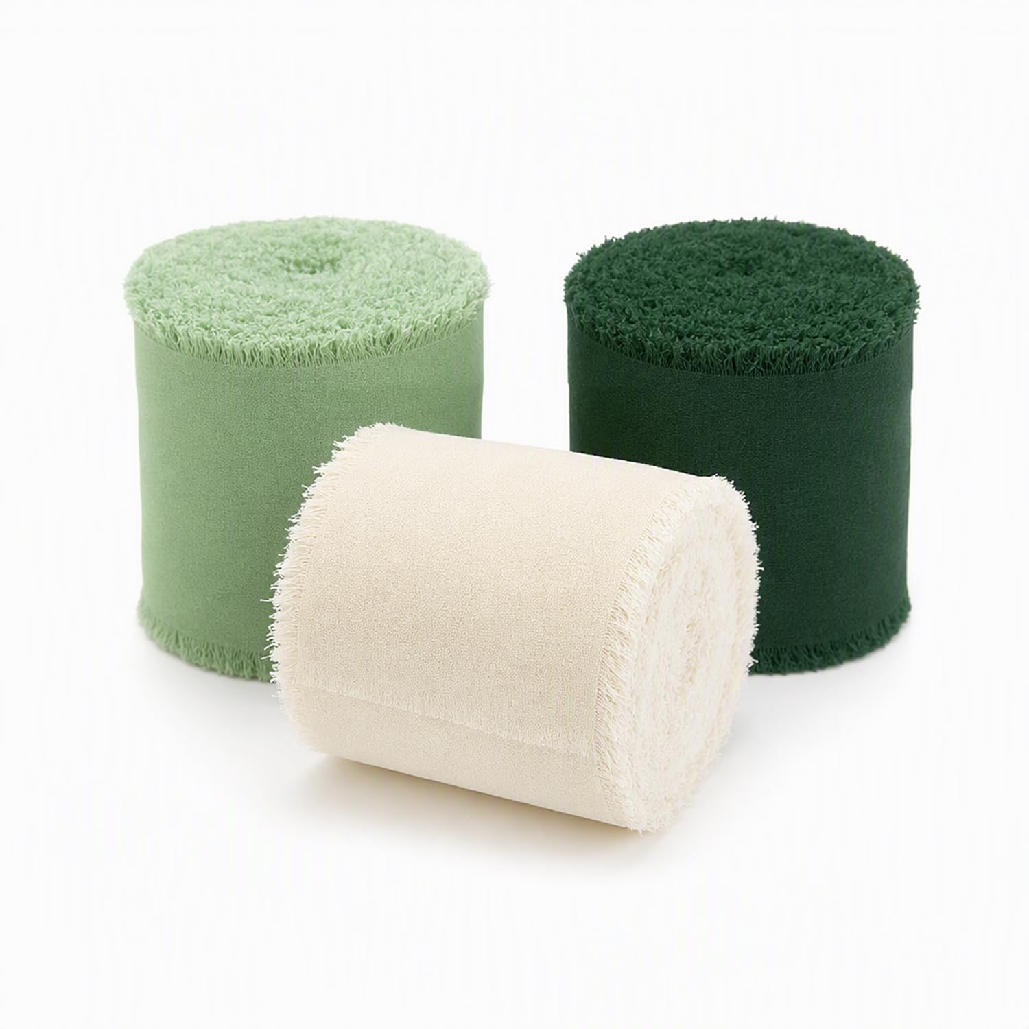 Sage Green Ribbon, Green Ribbon Set of Three, Chiffon Fabric with Tassel Fringe, Dark Green Ribbon for Crafts and Decorations.