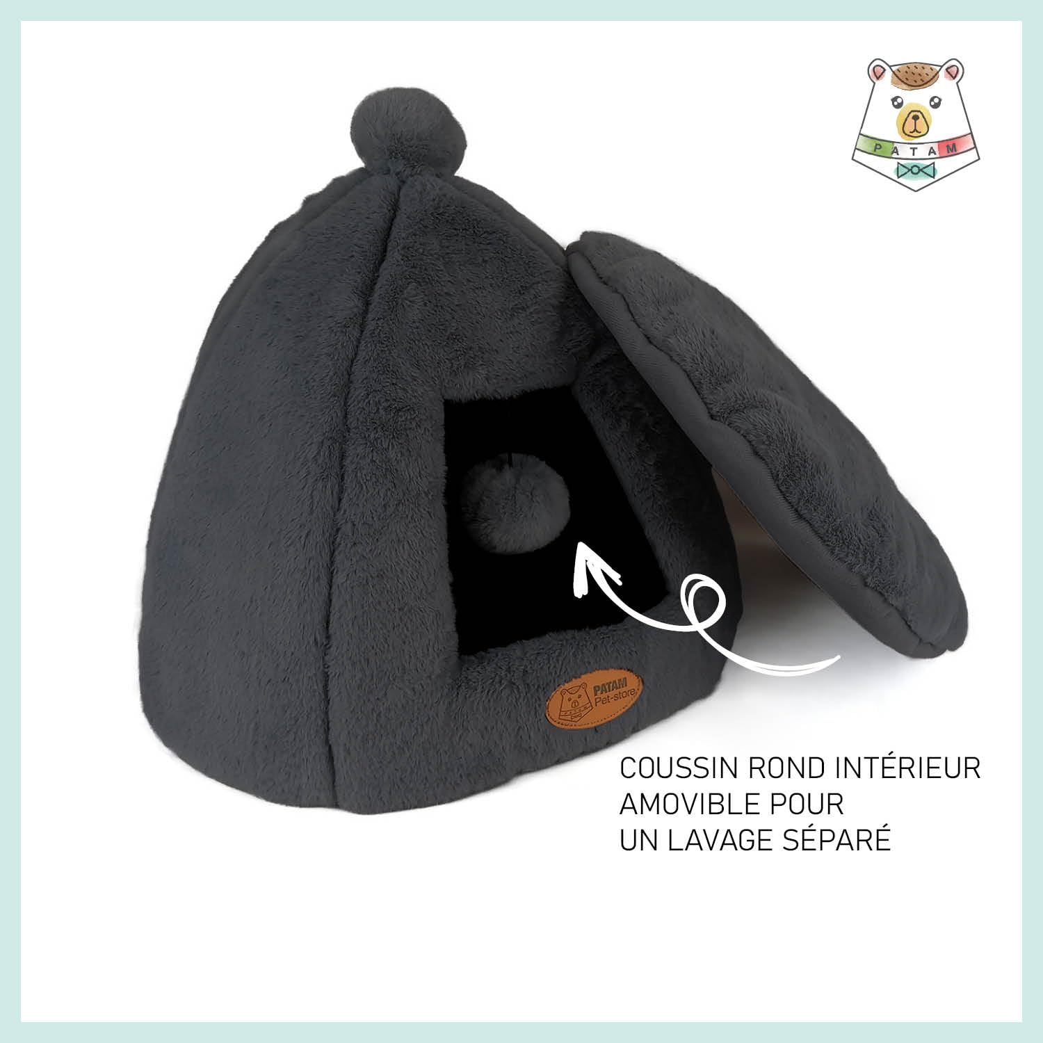 Niche pour Chiens et Chats, antidérapante en Tissu Duveteux Doux, Lavable, Design de Rideau avec Balle de Jeu, 43 x 43 x 43 cm - Igloo Noir