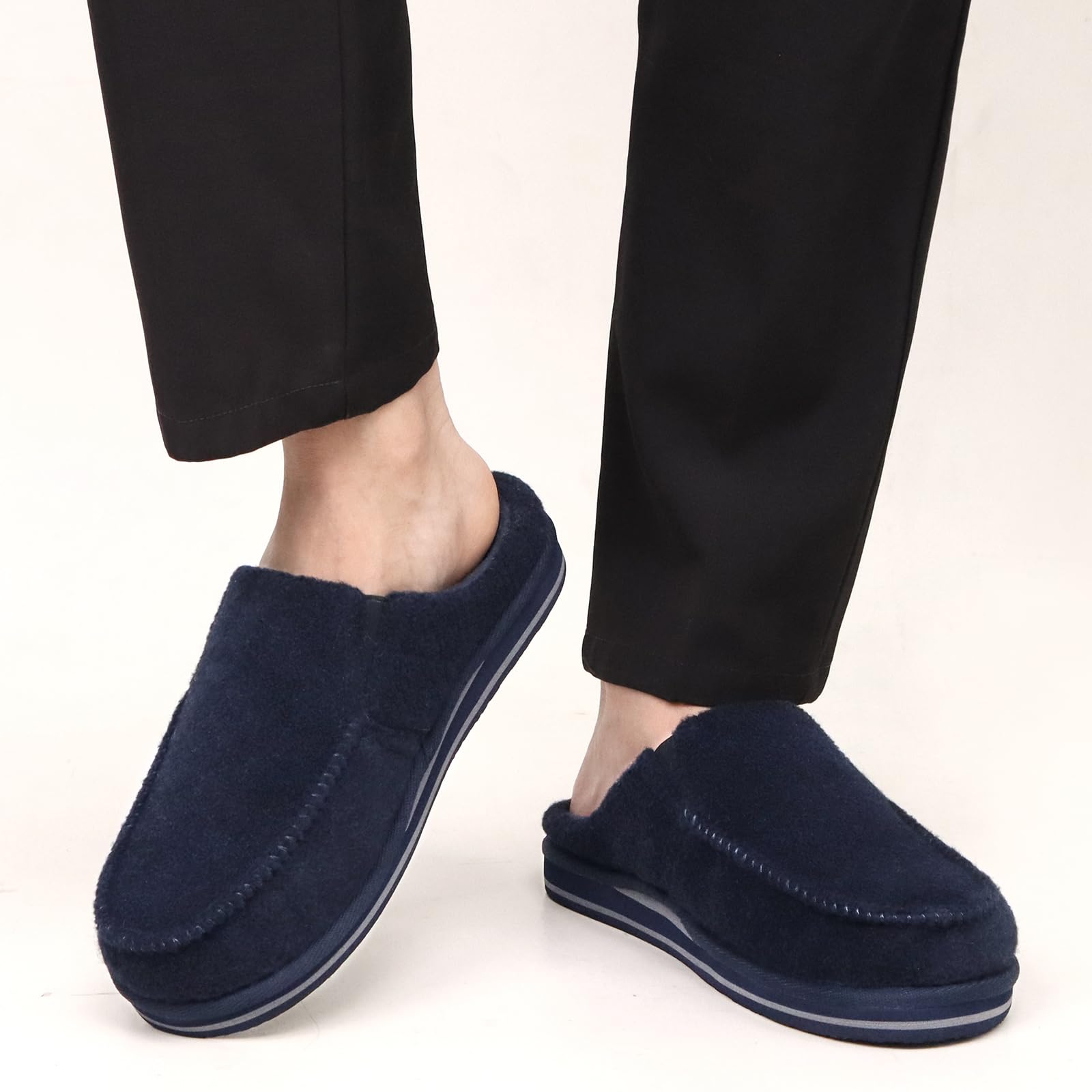 ONCAI Pantofole da Uomo in Comfort Pelo Cotone Strisce Ciabatte da Casa in Lana con Memory Foam Supporto Arco Suola in Gomma Taglia 40-50