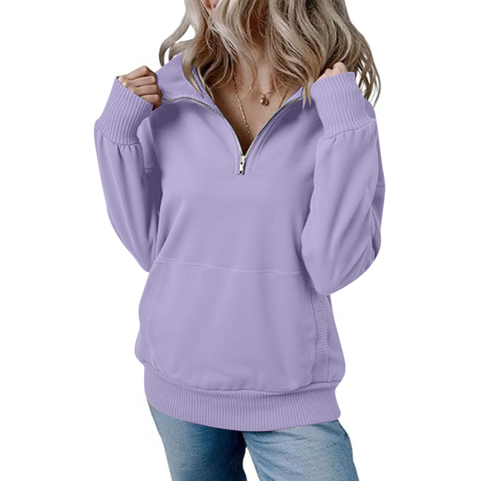 LUCKME Sudaderas Mujer Sin Capucha Jersey Mujer Manga Larga de Otoño Invierno Cuello Alto 1/4 Cremallera Sudadera Holgada con Bolsillo Casual Color Sólido Sweatshirt Suave y Cómodo Suéter Tops