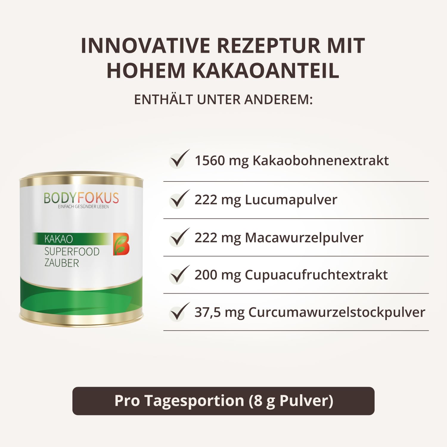 BodyFokus Kakao Superfood Zauber 54% Kakao Kakaobohnenextrakt Pulver 250 g