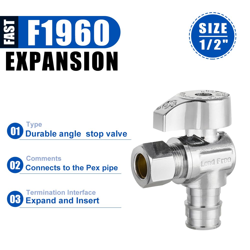Paquete de 15 válvulas de ángulo de parada EFIELD Pex-A de 1/4 de vuelta, compresión de 3/8 pulgadas de diámetro exterior x expansión Pex-A de 1/2 pulgada, latón LF chapado en cromo, resistente