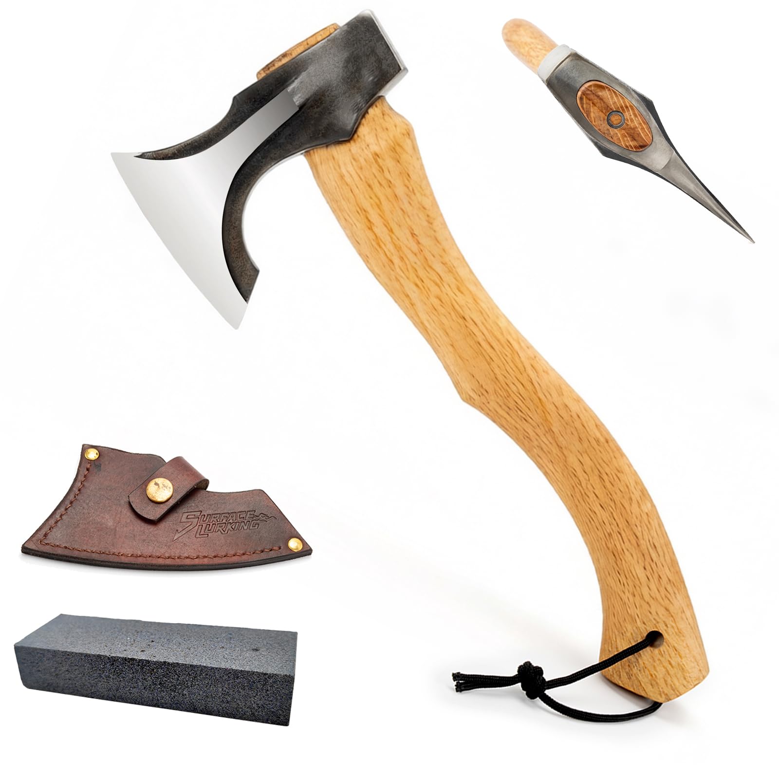 Bushcraft Camping Hatchet, 14.7 in Hand Forged Splitting Axe for Outdoor Wood Splitting Chopping &amp; Carving Tool with Leather Sheath
