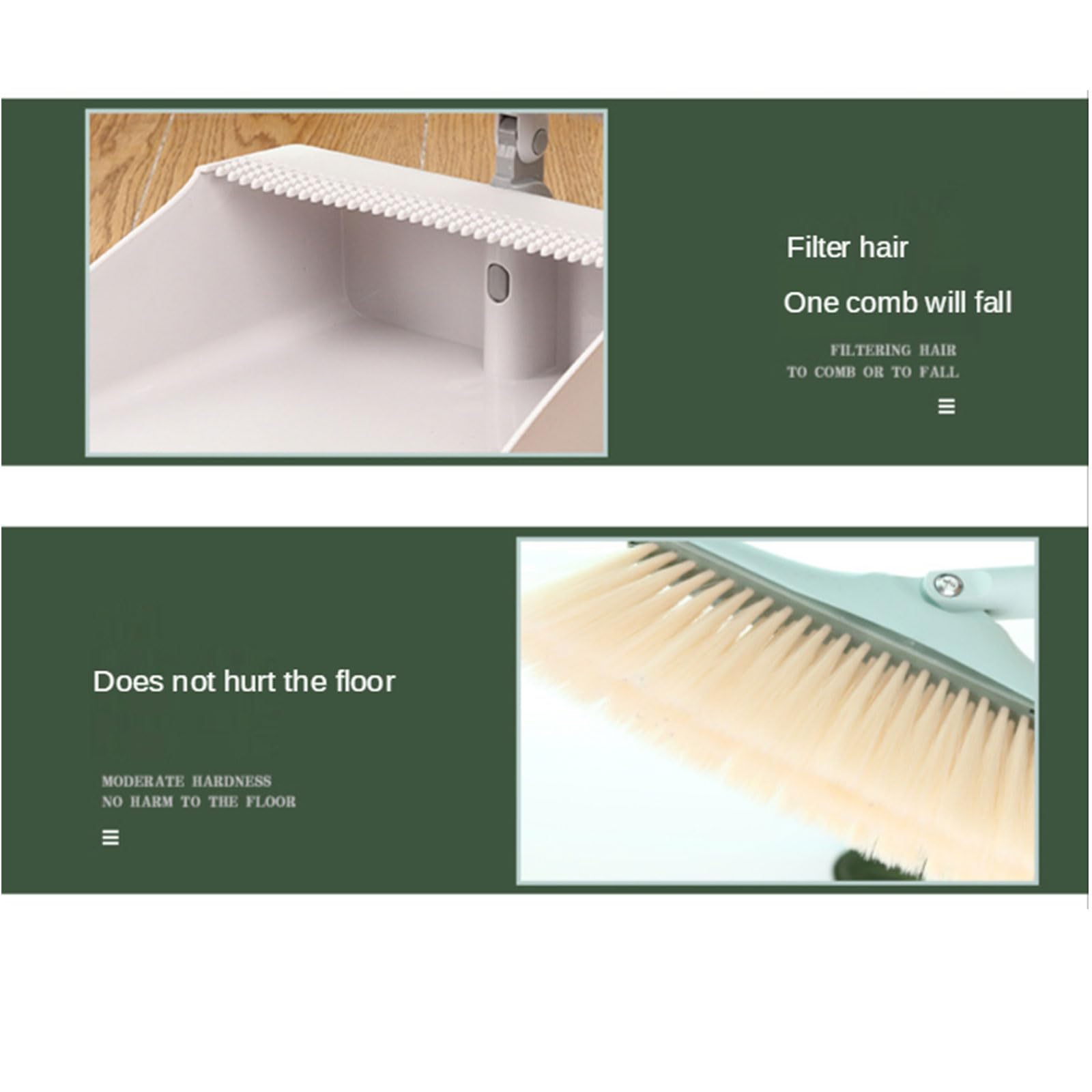 Besen- und Kehrschaufel-Set Zusammenklappbare Besen- und Kehrschaufel-Kombination Eingebaute Kammzähne zur automatischen Reinigung von Tierhaaren für den Boden im Home-Office-Küchen,Grün