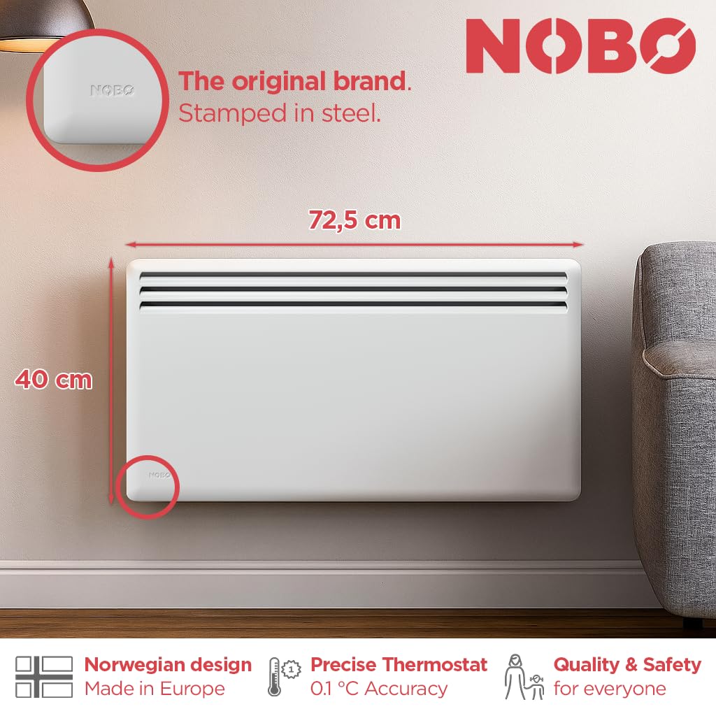 Elektrischer Konvektor Heizkörper Nobø NFK4N - 1000W, Weiß, Smart-Thermostat mit Timer (NCU-2Te), Wandmontage, Energiesparende Elektroheizung, IP24 spritzwassergeschützt, Frostschutz, Wochenprogramme