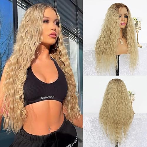 Loose Curly Ombre Blonde 13x4 Lace Front Wigs Pre Plucked with Baby Hair Glueless Long Water Wave Light Blonde Synthetic Lace Front Wig for Women Heat Resistant 24 Inches 150 Density