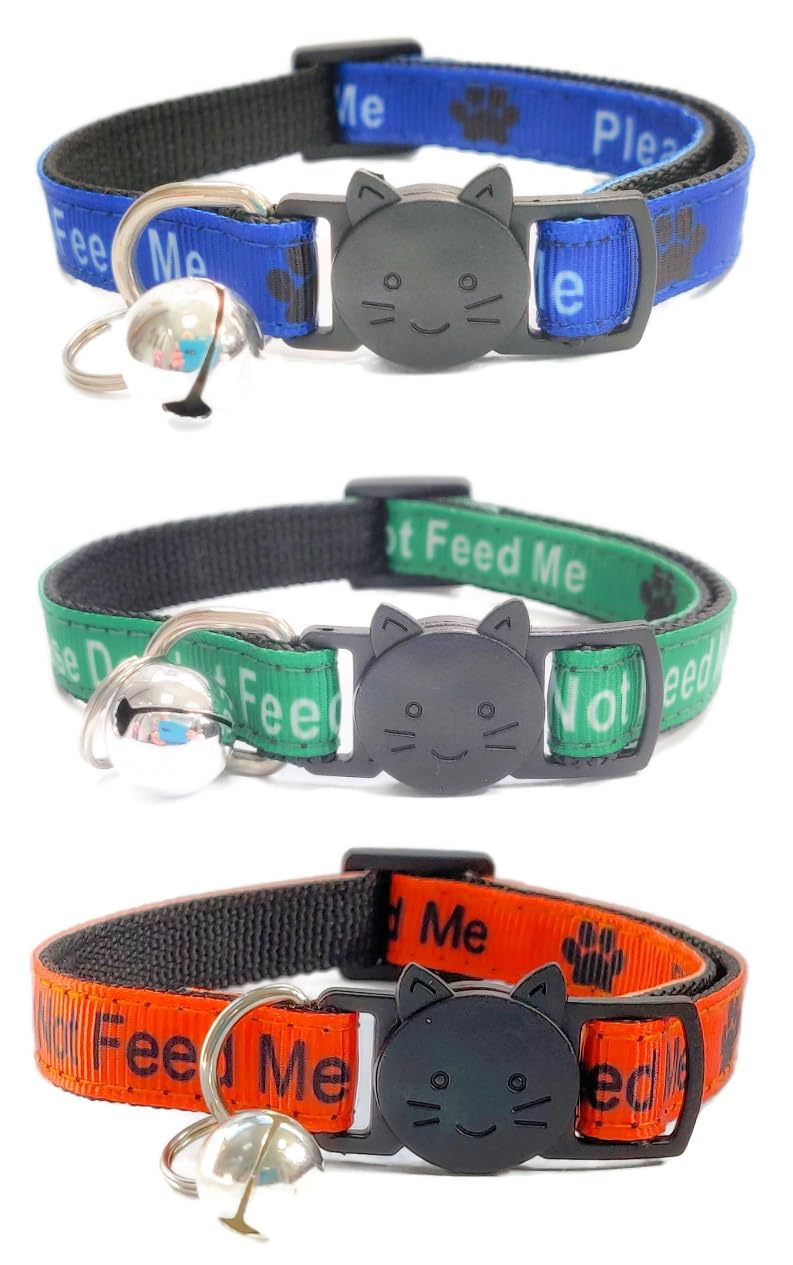 Worded Cat Collars with Bell - Please Do Not Feed Me, I Am Microchipped, 1. Blue/Green/Orange, Please Do Not Feed Me, Pack of 3