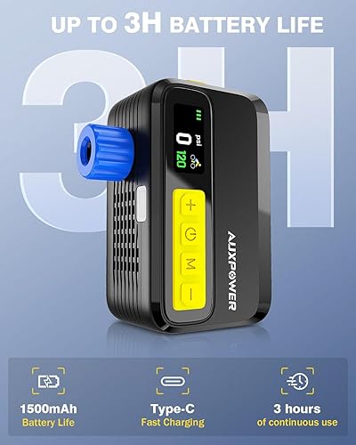 Miniatura 3 de Auxpower BL05 Bomba de bicicleta con medidor de presión, bomba eléctrica portátil de 120 PSI con válvula Presta y Schrader, parada automática, bomba