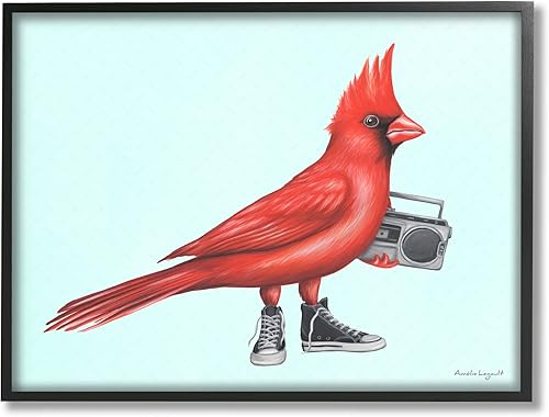 Stupell Industries Cardinal Bird Negro Zapatillas Retro Boombox Ilustración, Diseño por Amelie Legault