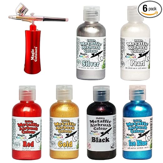 Airbrush Color for Cake Decoration Pack of 6 Magic Colours Metallic Airbrush Colors (Set A)
