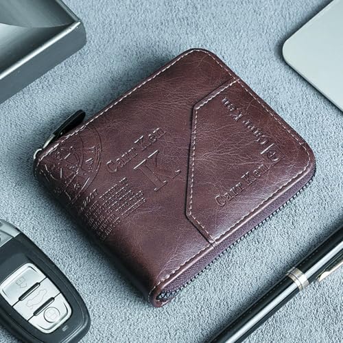 Image of Mens wallet Leather wallet men Wallet Zipper RFID Bifold Wallet for Men ID card Window Credit Card Coin Photo Multifunction Card Slots Gift for Him,Light Brown