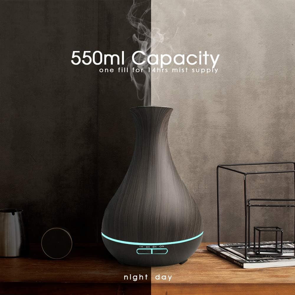 KBAYBO 550ml Aroma Diffuser Essential Oil Diffuser with Remote Control Ultrasonic Air Humidifier with Wood Grain 7-Color LED Night Light for Office Home Spa Yoga BPA Free
