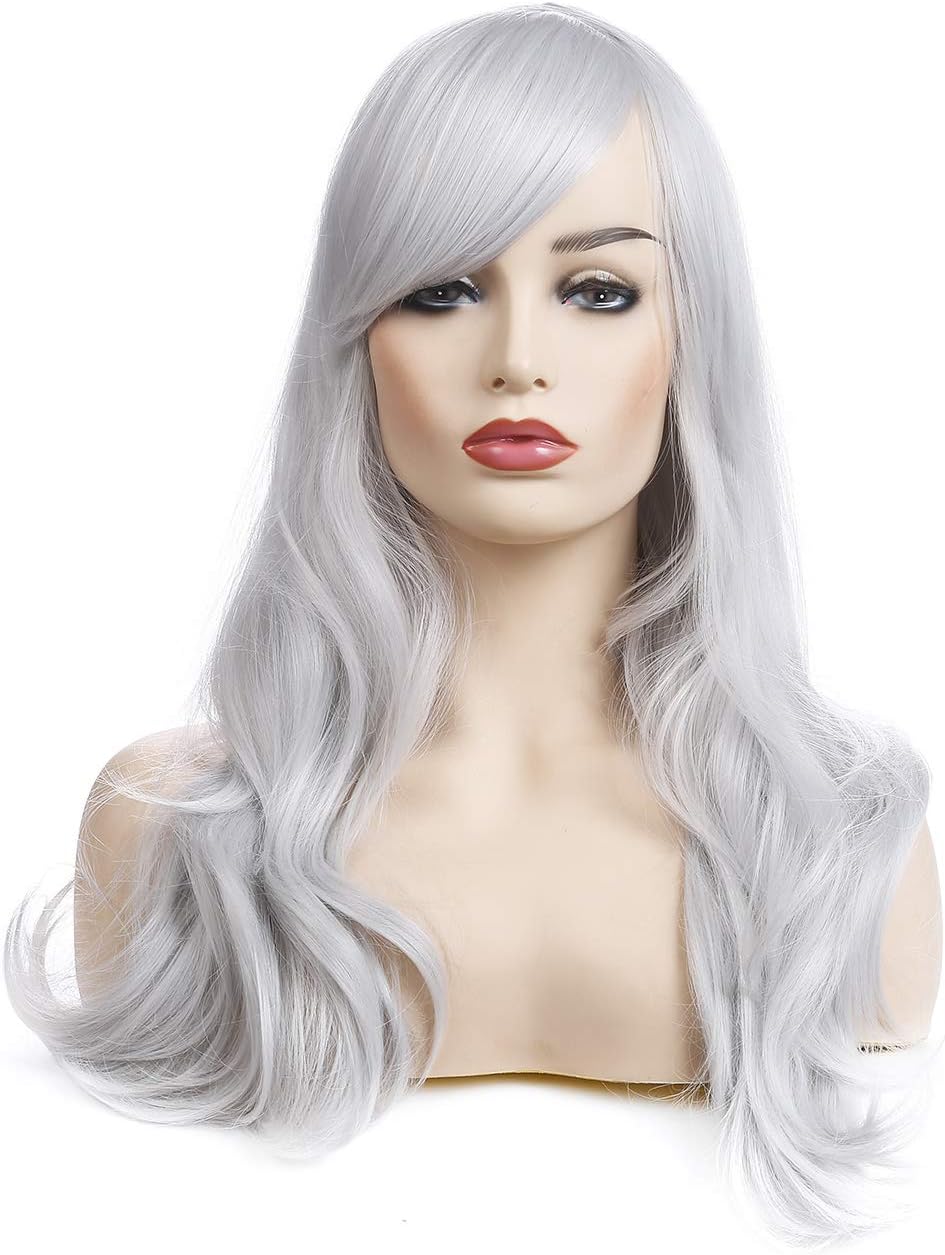 morvally 23 inches Long Curly Wig Big Wave Heat Resistant Synthetic Hair with Bangs for Women Cosplay Costume Halloween Party (Silver Grey)