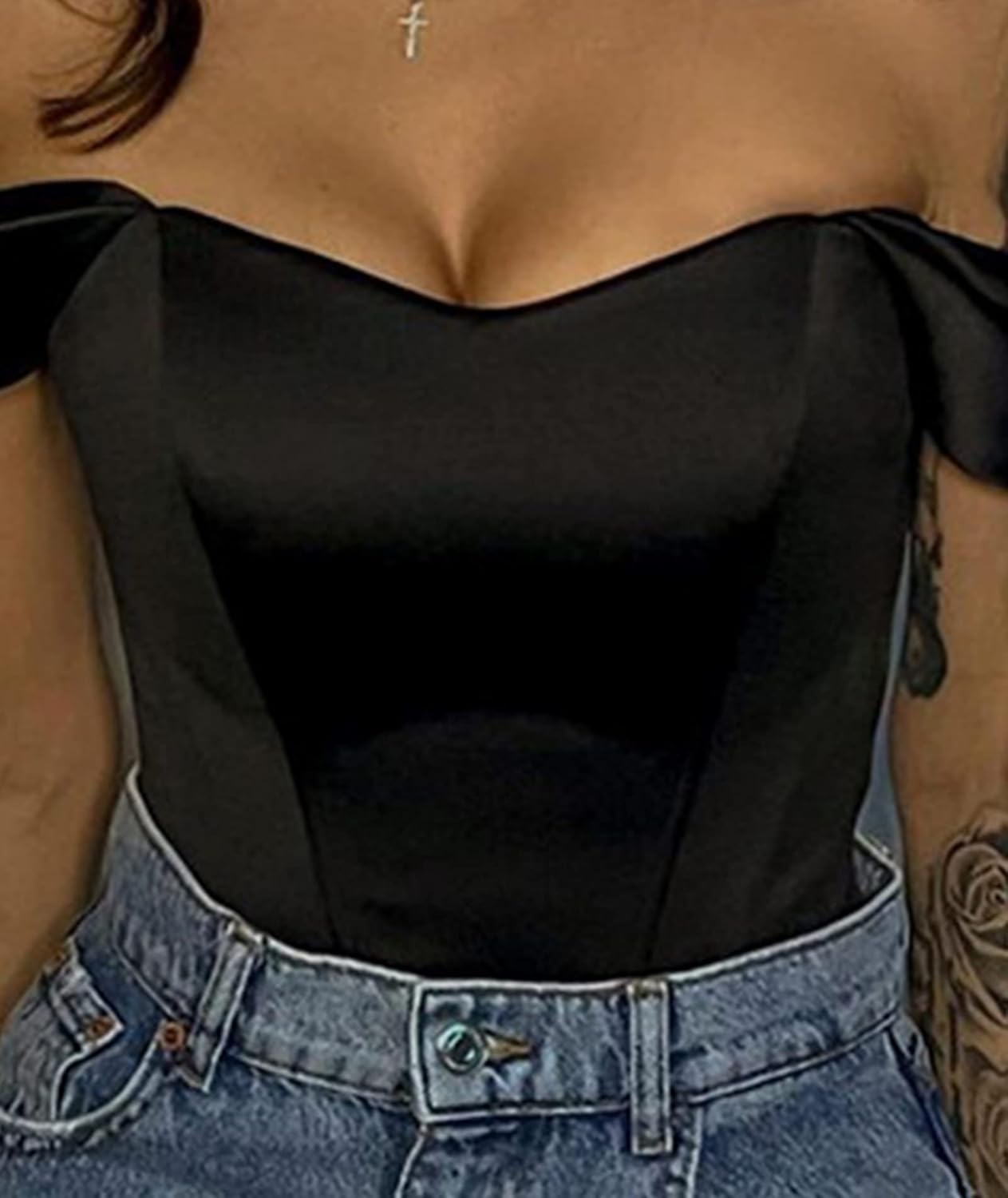 xxxiticat Women’s Off Shoulder Corset Top Short Sleeve Satin Silk Bustier Crop Top Bodycon Slim Fit Fashion T-Shirt - Image 5