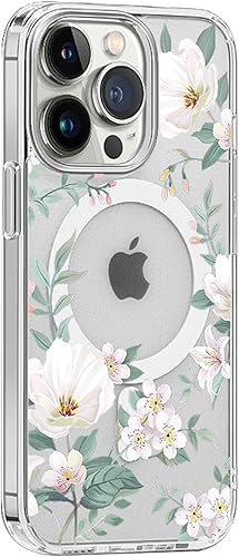 Funda magnética transparente para iPhone 13 Pro compatible con cargador MagSafe Gardenia patrón de estampado floral delgado antiarañazos para