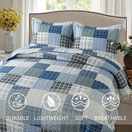 Vaputar Queen Size Quilt Bedding Set - 3 Pieces Quilt Queen Size, Plaid Queen Quilt Bedding Set, All-Season Lightweight Reversible Coverlet, Queen Bedspread For Farmhouse Bedroom (Blue/White) #TOP2