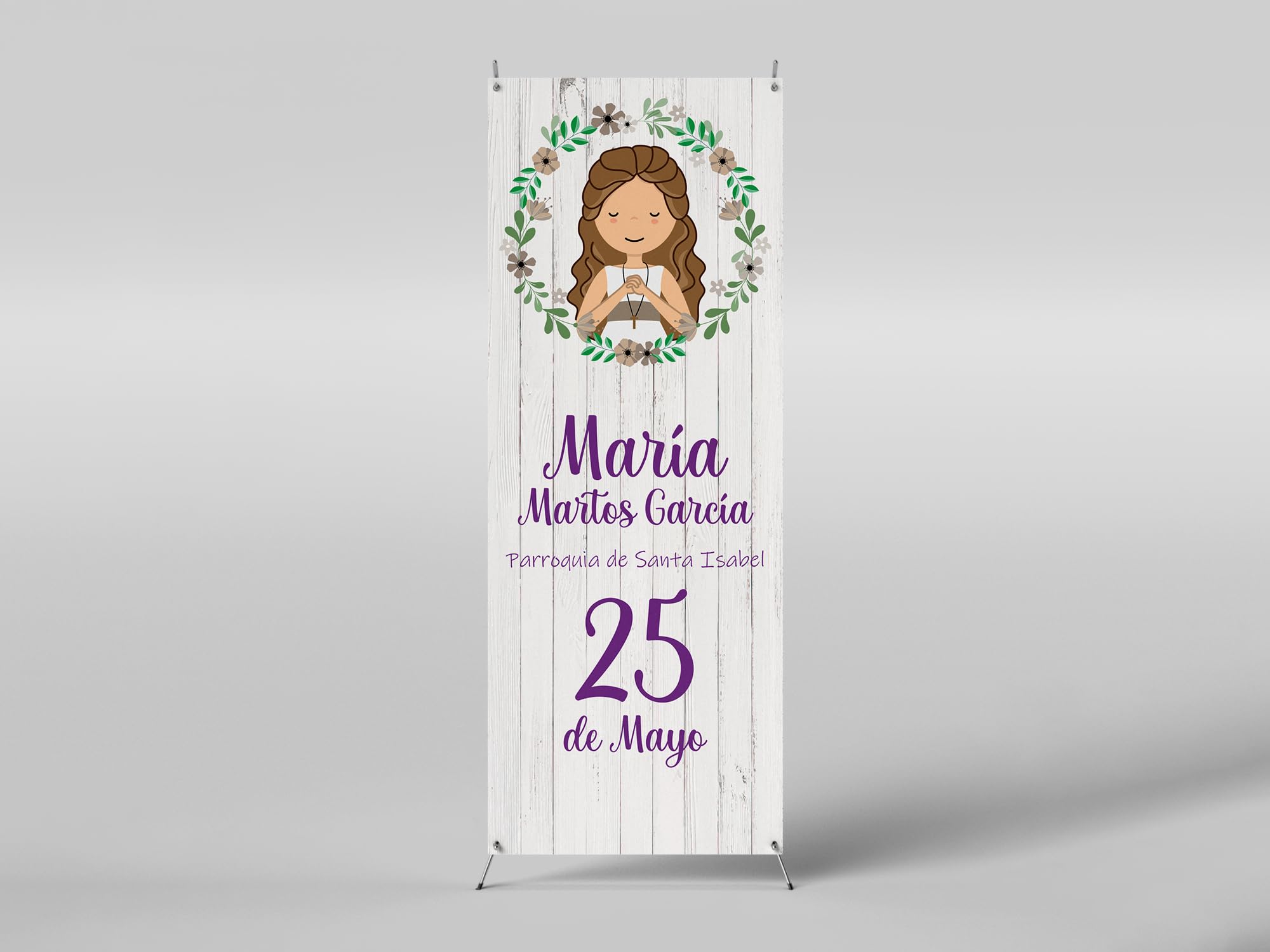 Oedim Xbanner Comunion Personalizada Imitacion Madera, 80x180cm, Fabricado en Lona con Soporte X Banner, Expositor Publicitario Desmontable