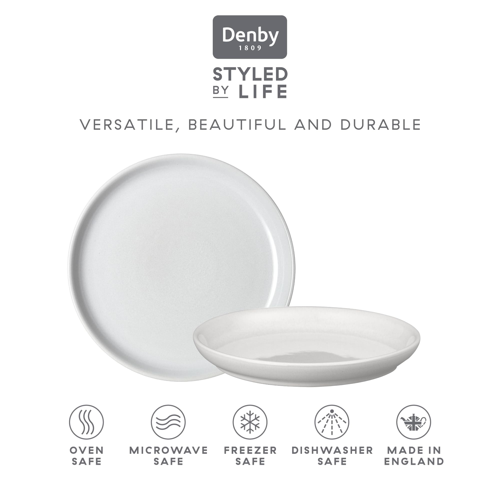 Denby - Elements Lot de 4 assiettes coupées blanches en pierre - Passe au lave-vaisselle et au micro-ondes - 26 cm - Vaisselle en céramique blanche - Assiettes à déjeuner résistantes aux éclats et aux