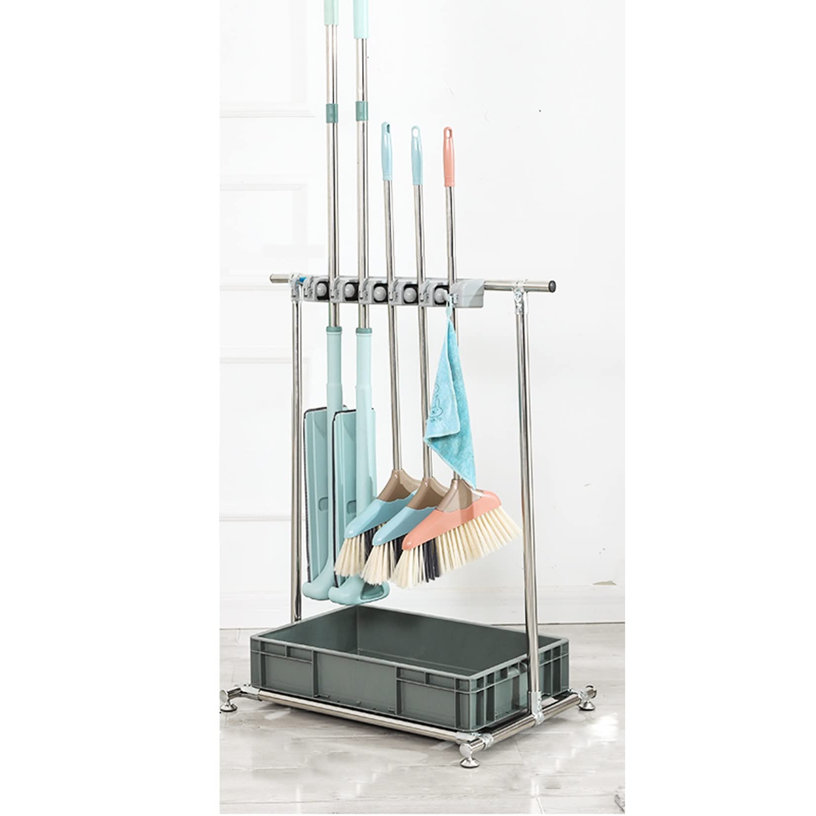 Soporte resistente para escobas y fregonas, estante ajustable de pared para fregonas húmedas, herramienta de limpieza comercial con 5-6 ganchos, ideal para garaje y jardín (gris)