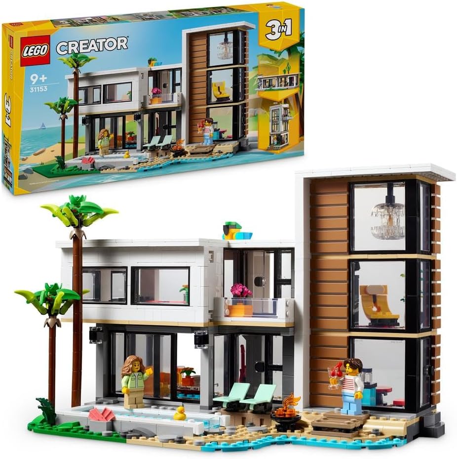 Creator 3in1 Modern House to 3-Storey City Building to Forest Cabin Set, Model Building Kit for Kids, Gift Idea for 9 Plus Year Old Boys and Girls 31153